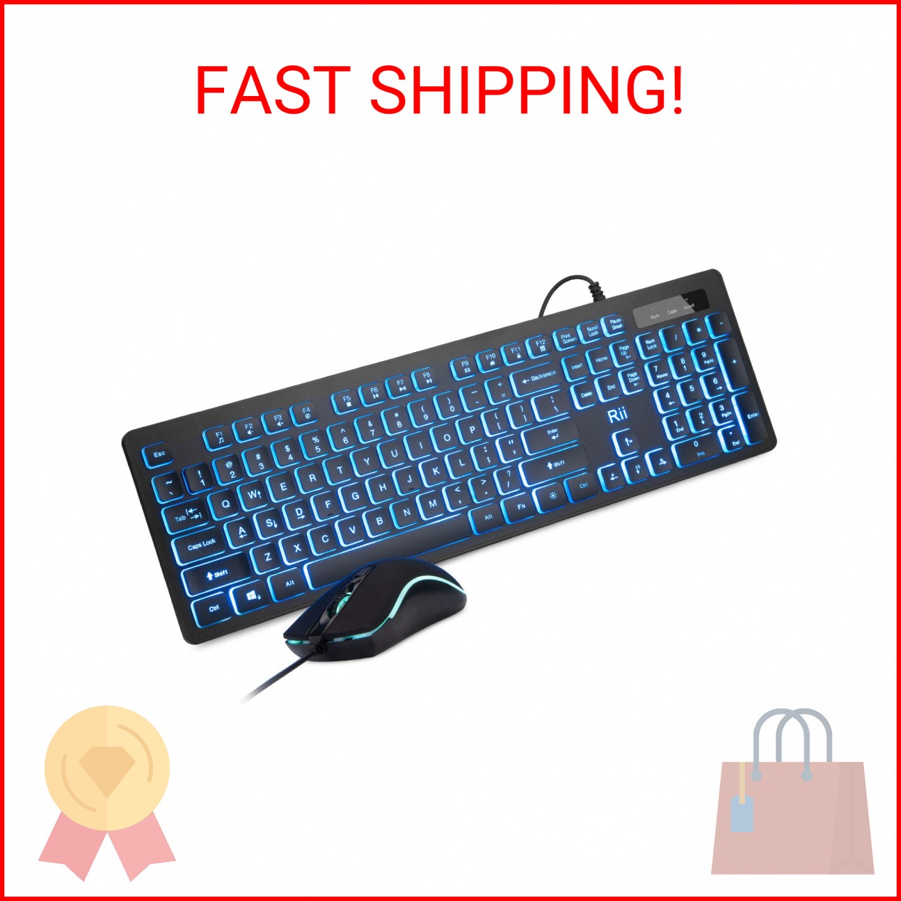 Rii Three Colors Backlit Keyboard and Mouse, Wired Keyboard and Mouse Combo, USB