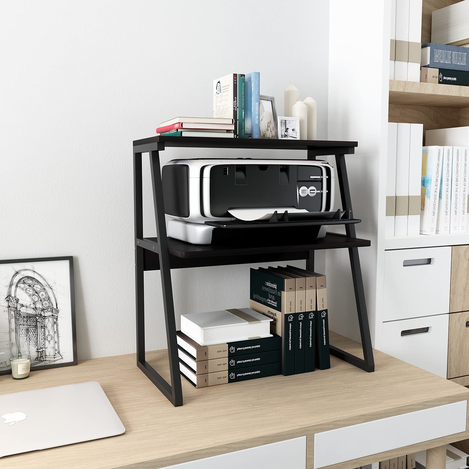 PUNCIA 3 Tier Wood Desktop Printer Stand Black