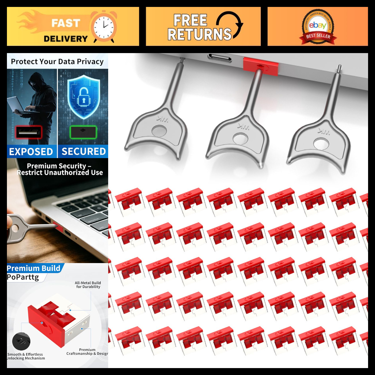 50-Pack USB Port Lock with 3 Keys, Metal Blocker for PC/Laptop, Anti-Theft Cover