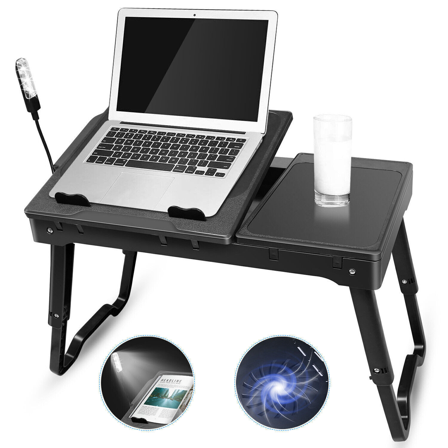 iMountek Laptop Desk Stand Table w/Fan for Bed LED Light & USB Ports & Mouse Pad