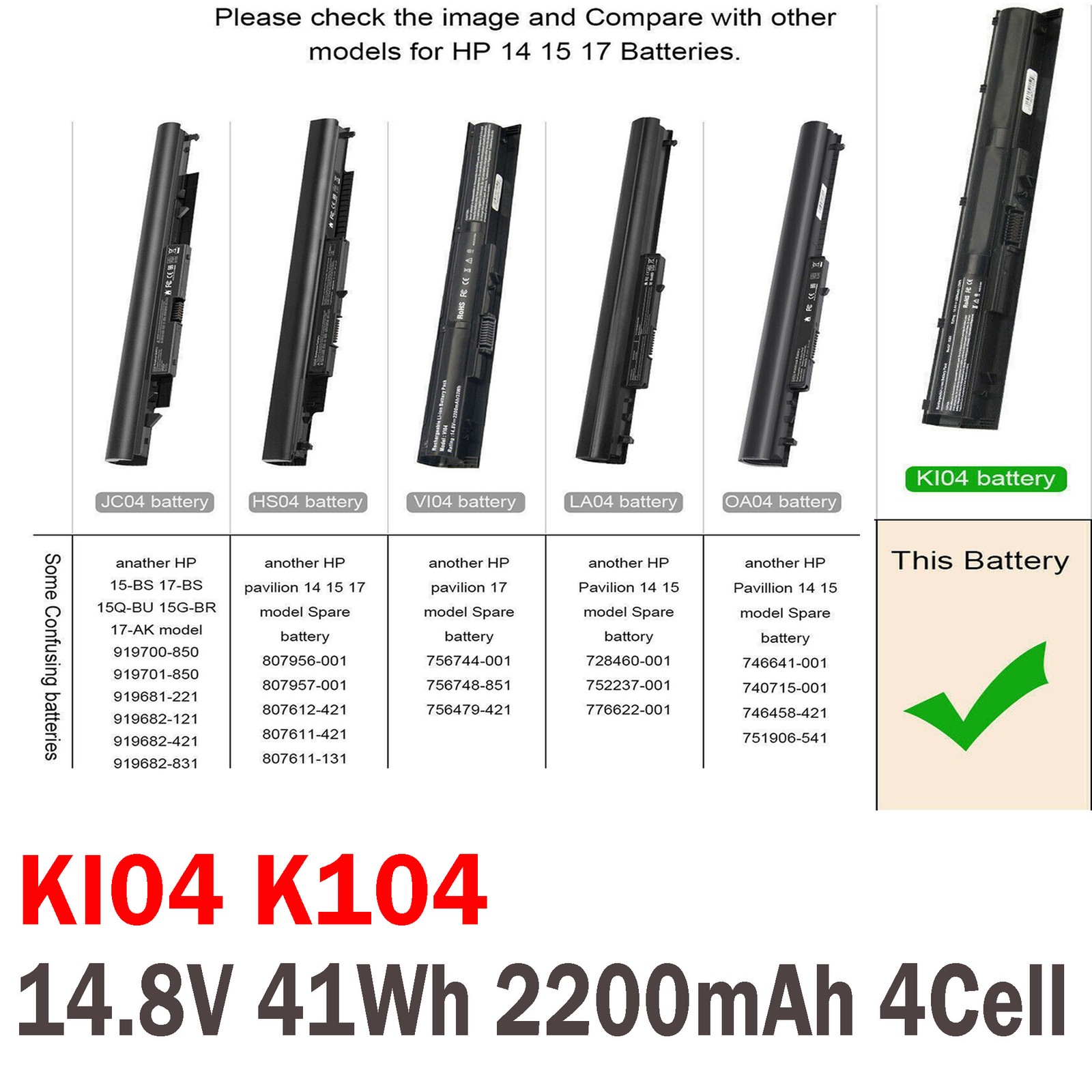 LOT KI04 Battery For HP Pavilion 14/15/17-AB000 HSTNN-LB6S 800049-001 14.8V 41Wh