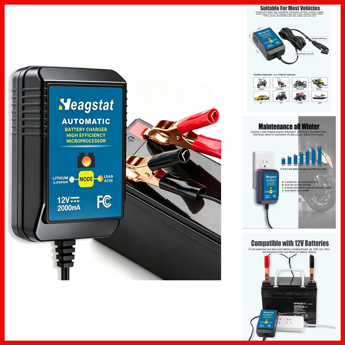 Heagstat 2A 12V Smart Battery Charger for Car, Motorcycle, ATV