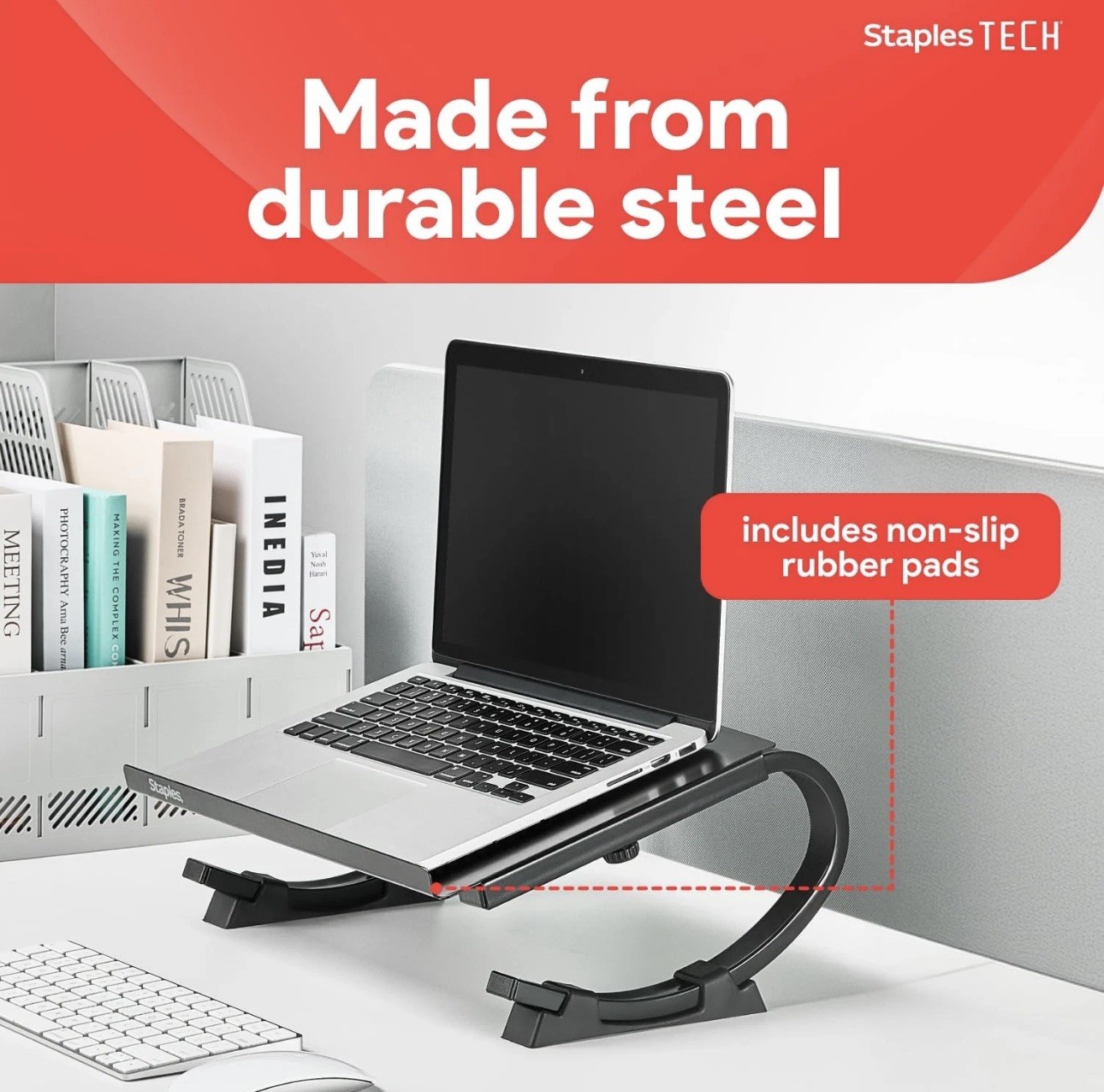 STAPLES Adjustable Black Steel Laptop Stand – Variable Tilt Ergonomic Desk Bed