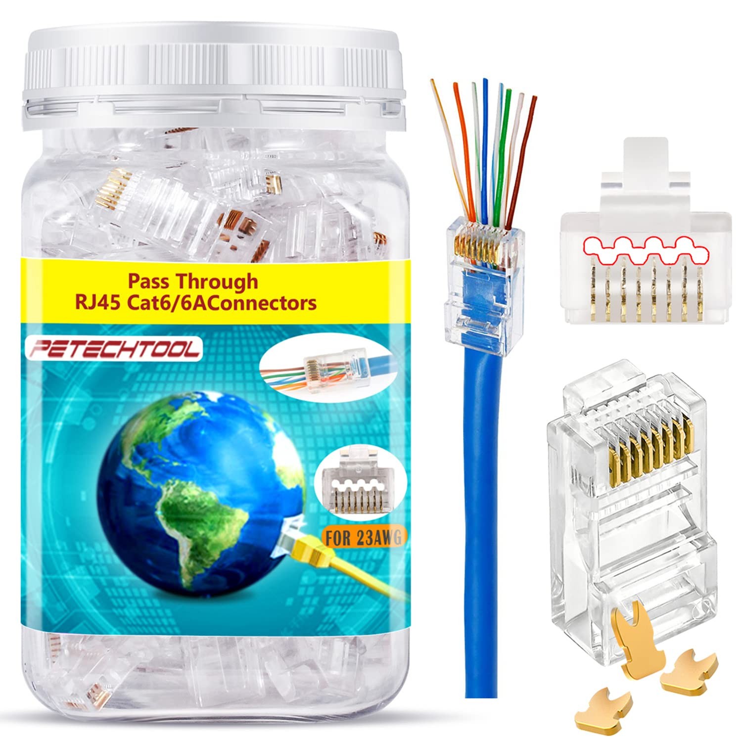 Cat6a 8P8C RJ45 Gold Plated Pass Through Network Connectors 100pcs UTP