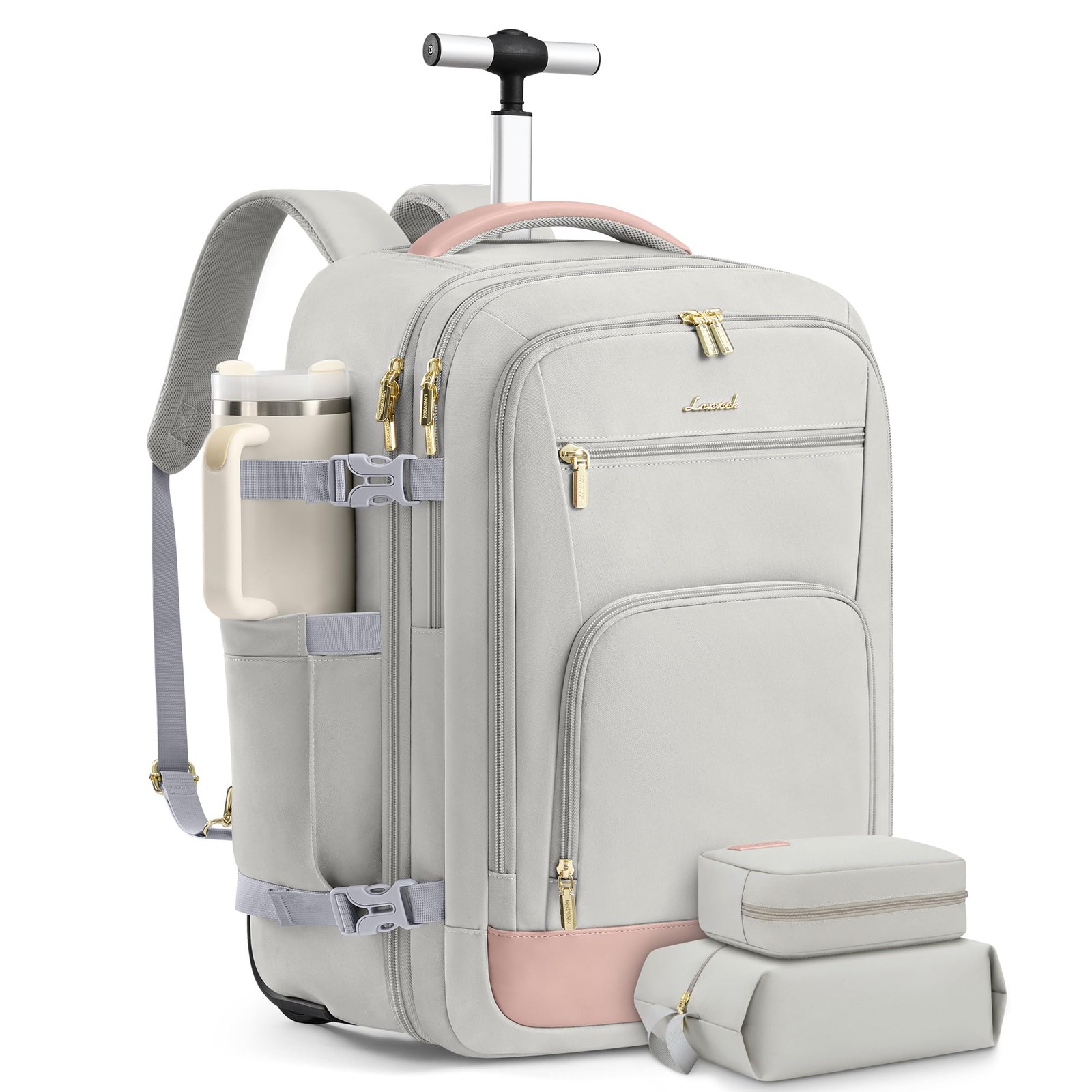 LOVEVOOK 50L Rolling Backpack with 50l-18 Inch-3pcs With Wheels, Pink-grey