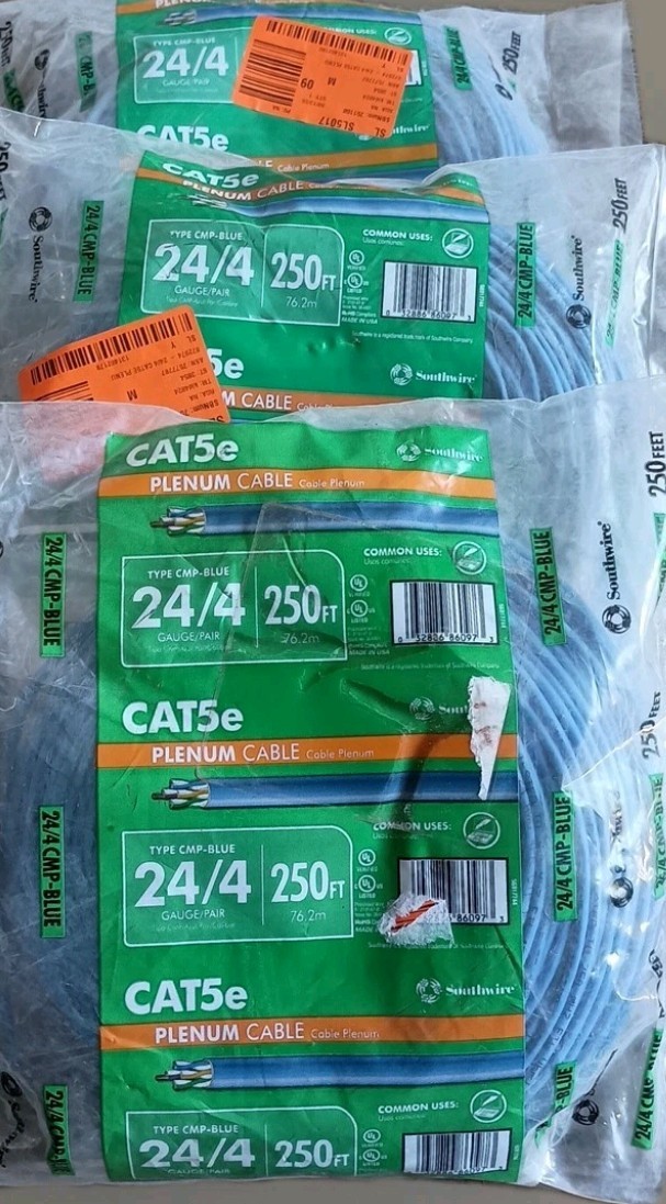 (3) 250ft Rolls Type CMP-BLUE 24/4 CAT 5e Plenum Cable 750ft Total 