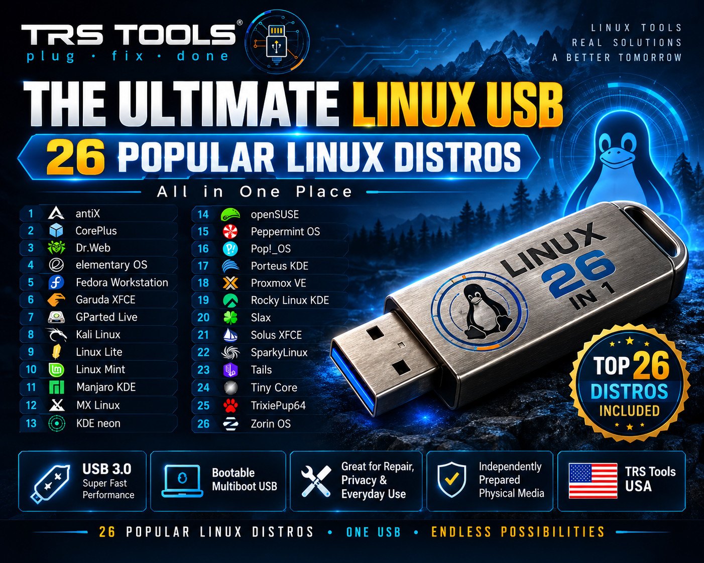 Bootable Linux USB 64GB USB 3.0 | Multiboot 26 Linux Physical Media