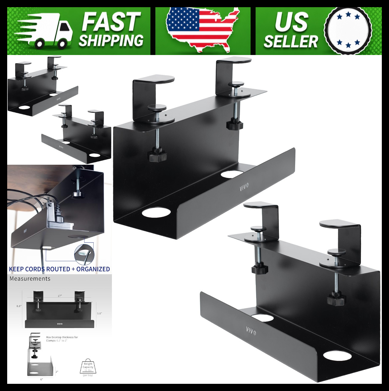 VIVO Under-Desk Clamp-On Cable Management Tray, 2-Pack, Black