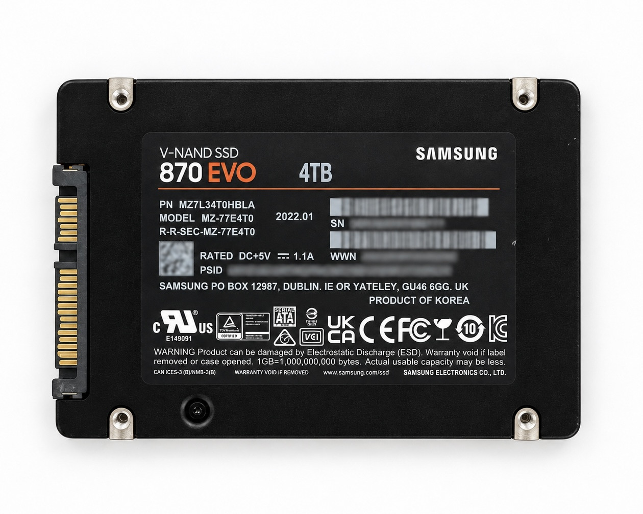 Samsung 870 EVO 4TB 2.5" SATA SSD MZ-77E4T0 92-93% Health SMART Tested