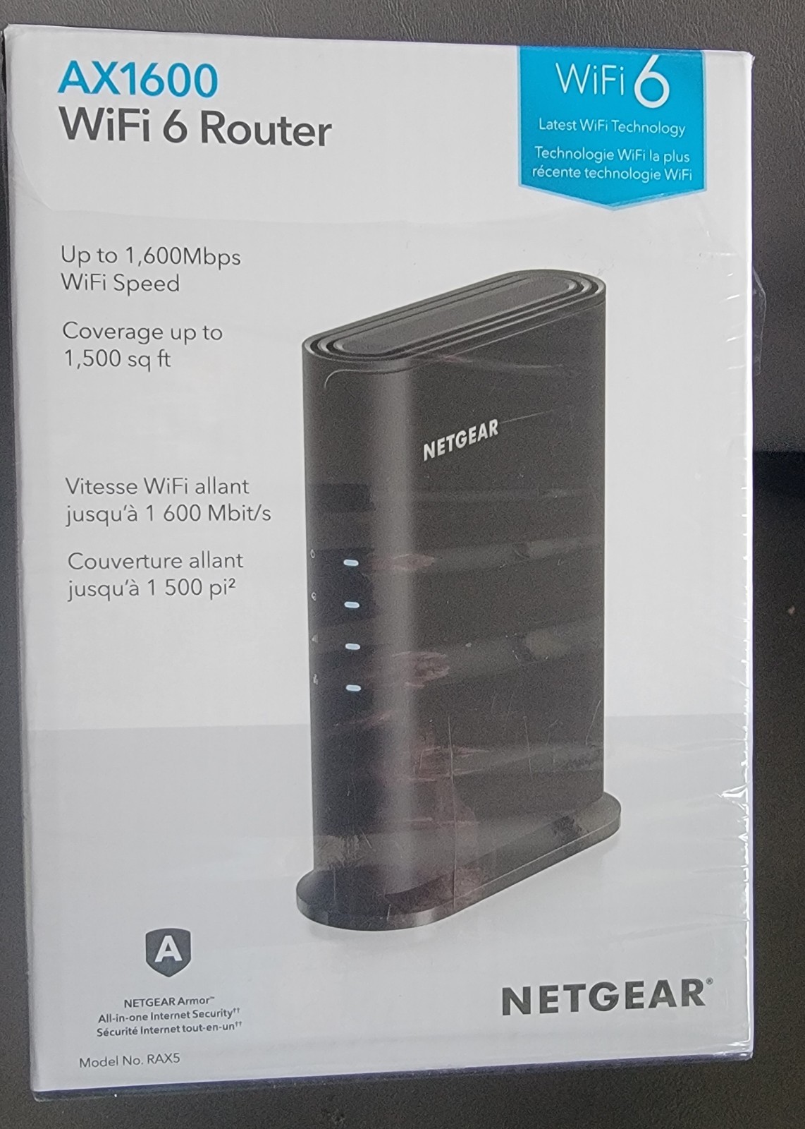 NETGEAR AX1600 Wi-Fi 6 Router 4-Stream 1.6 Gbps Cover 1500 SF (RAX5-100PAS)™