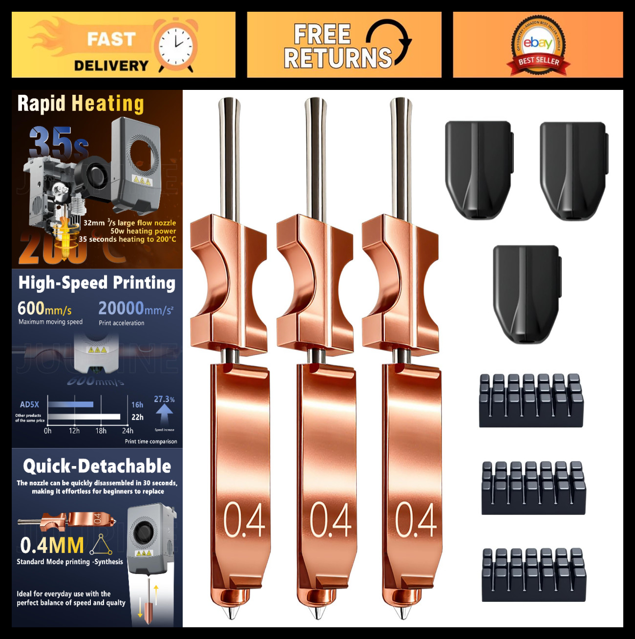 3-Pack High Flow Hotend Kit 0.4MM, All Metal Quick-Detachable Nozzle, 550°C Stee