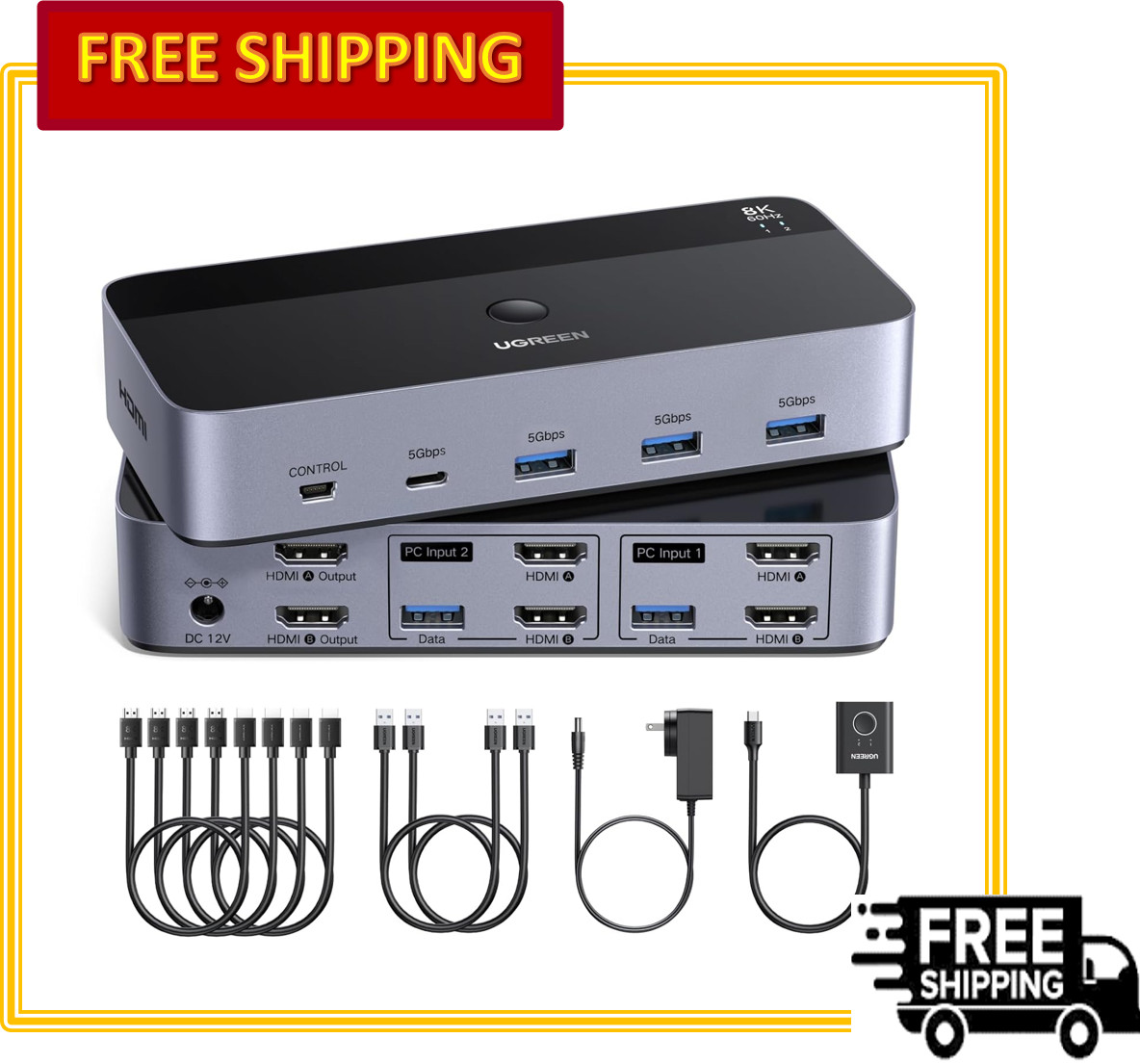 UGREEN 8K@60Hz HDMI KVM Switch 2 Monitors 2 Computers with 4 USB 3.0 Ports