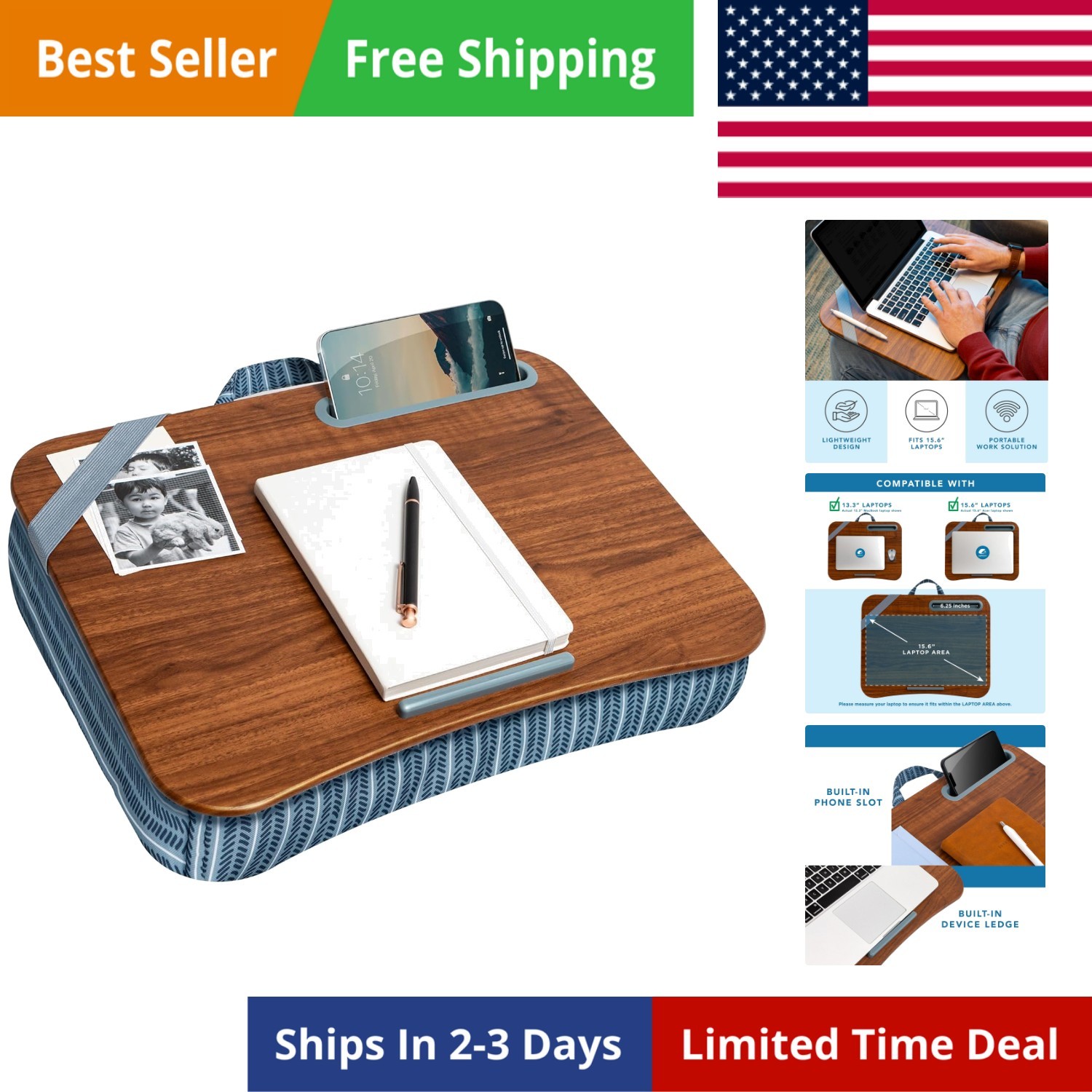 Designer Lap Desk with Phone Holder and Device Ledge - Arrow Stripes - Fits u...