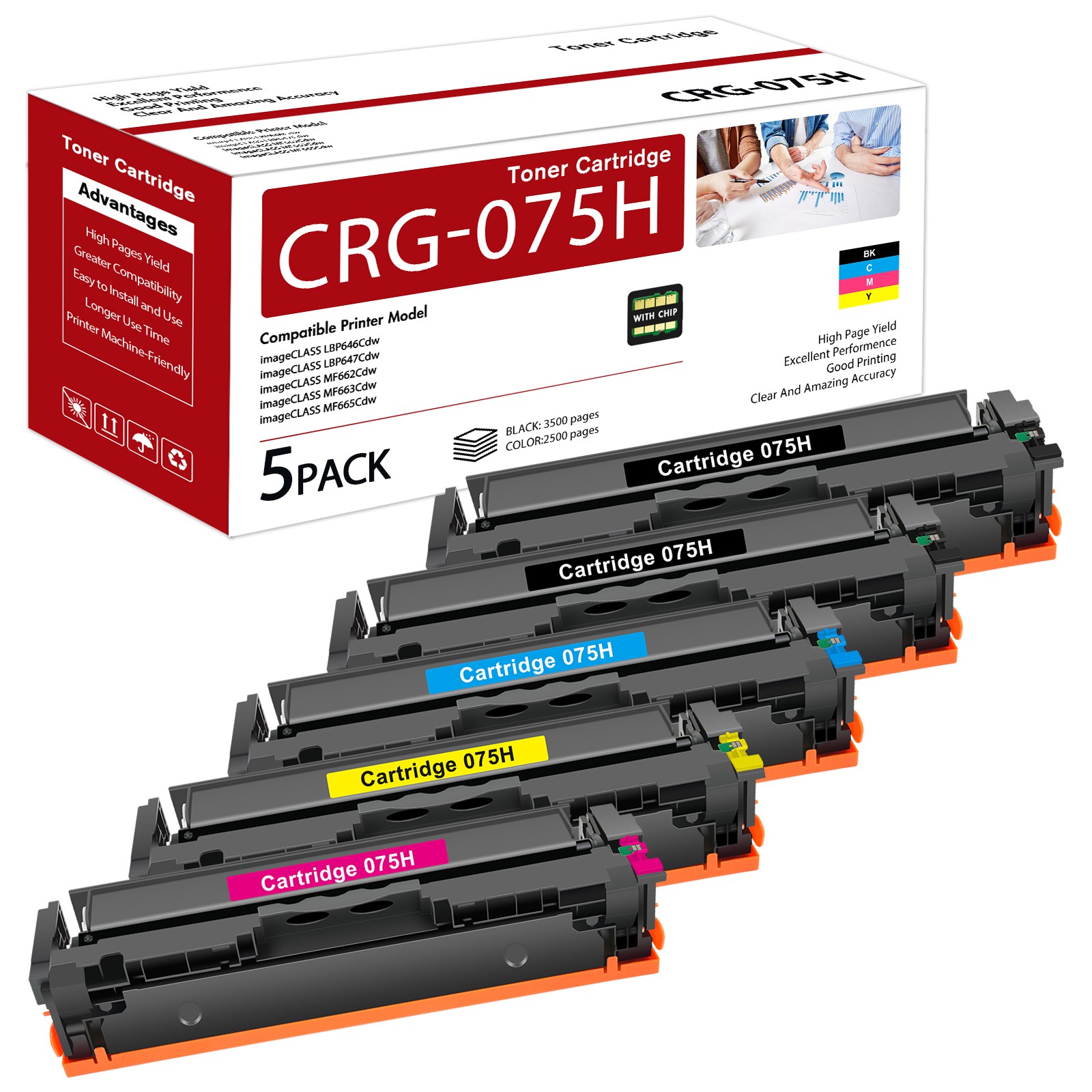 5Pack 075H High Capacity Toner Cartridge for Canon ImageCLASS LBP646Cdw MF665CDW