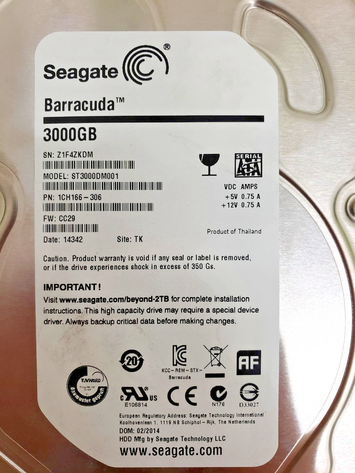 Seagate ST3000DM001 3TB 3.5in 6Gb/s 64MB 7200 RPM SATA Hard Drive P/N 1CH166-306