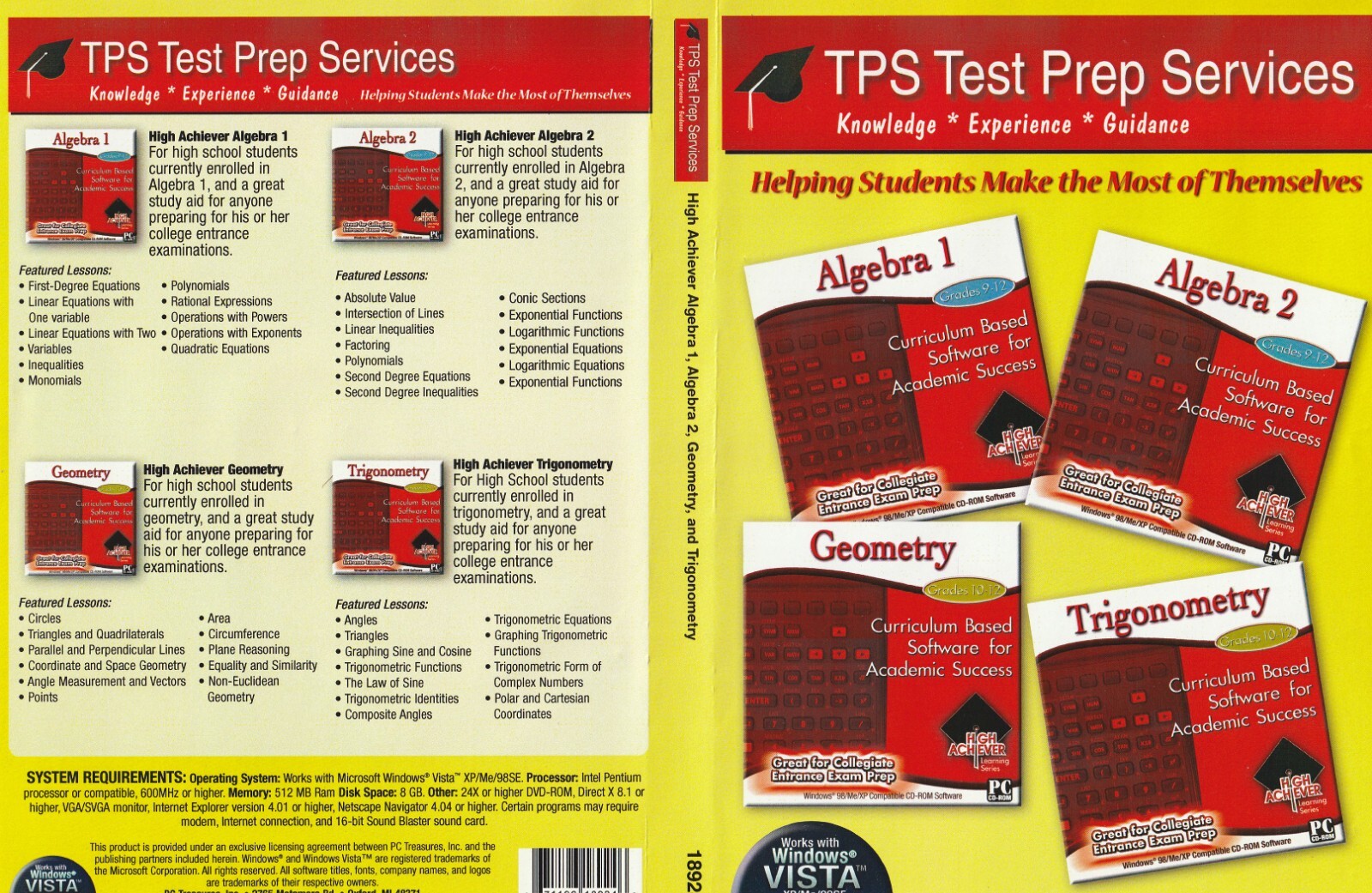 TPS Test Prep Services (Algebra 1, 2) (Geometry) (Trigonometry) PC CD-ROM