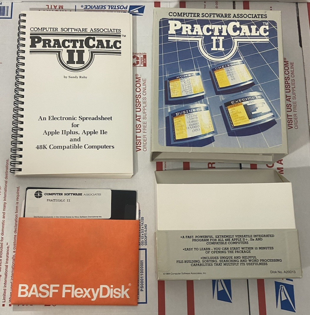 Vintage PractiCalc II 1984 Apple II Computer Software Big Box W/ Manual - RARE