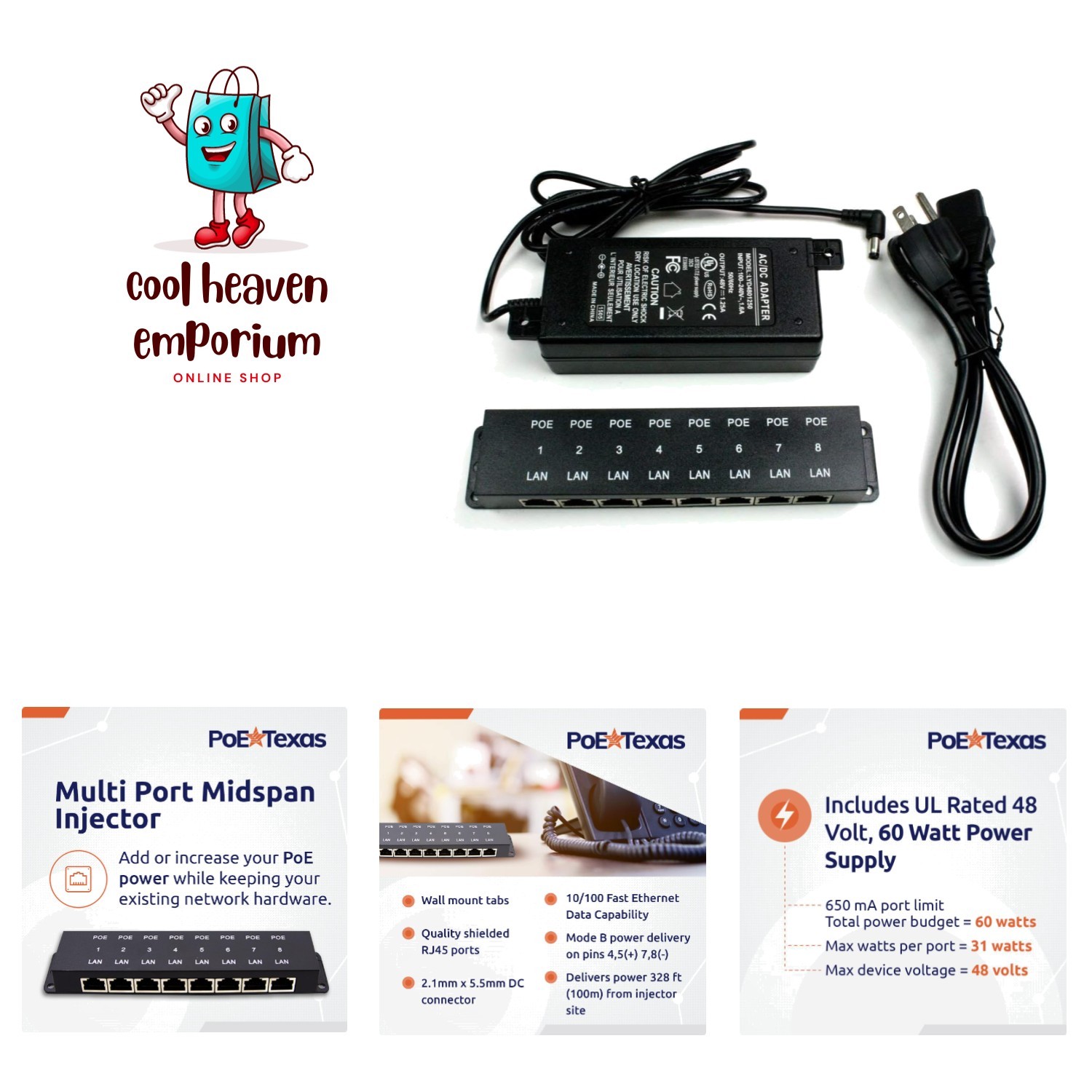 8-Port Passive PoE Injector, 48V 60W, 10/100