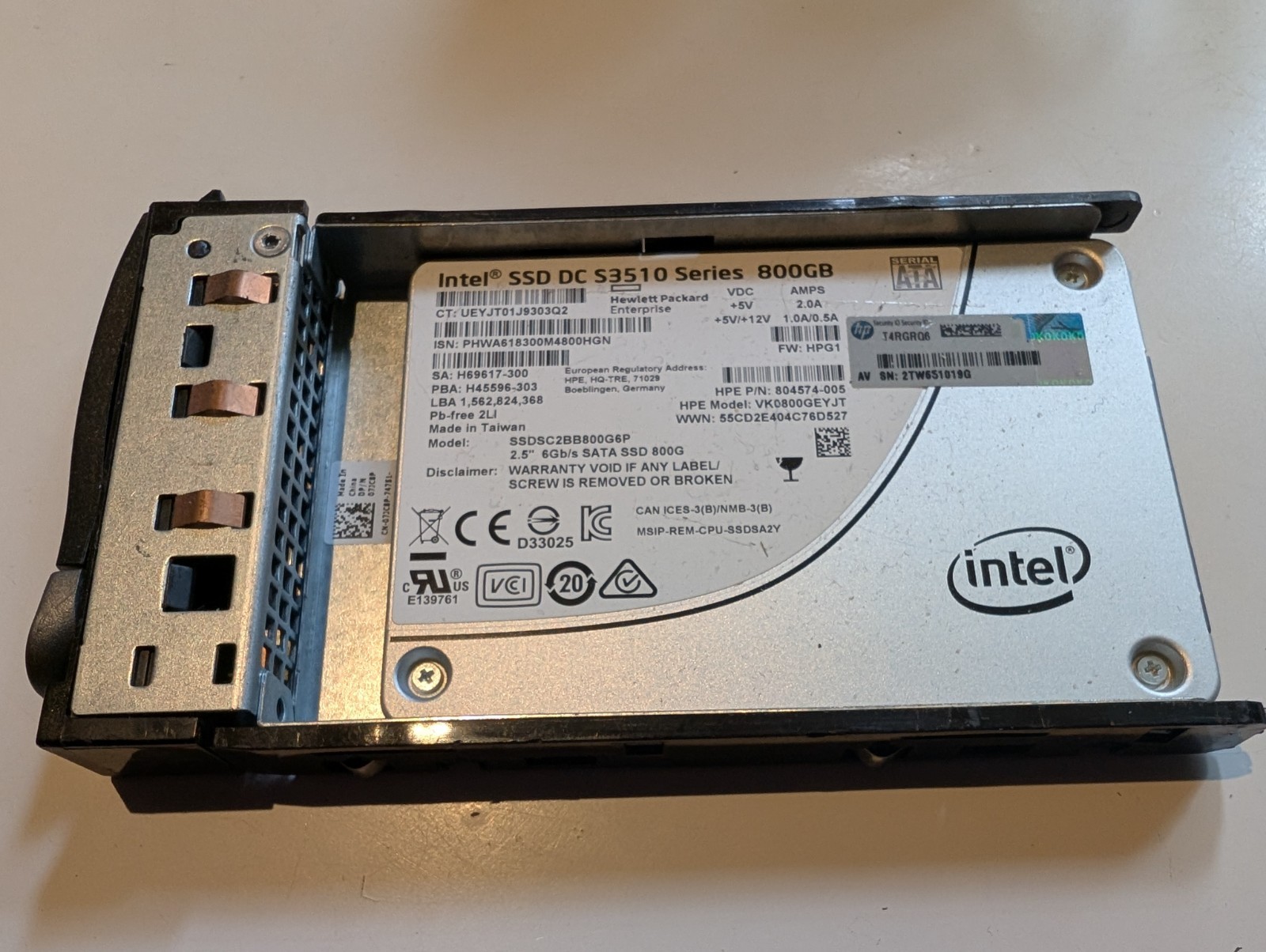 Dell Intel DC S3510 800GB SATA 2.5" SSD w/ C6220 C6320 Caddy | 7JC8P 07JC8P