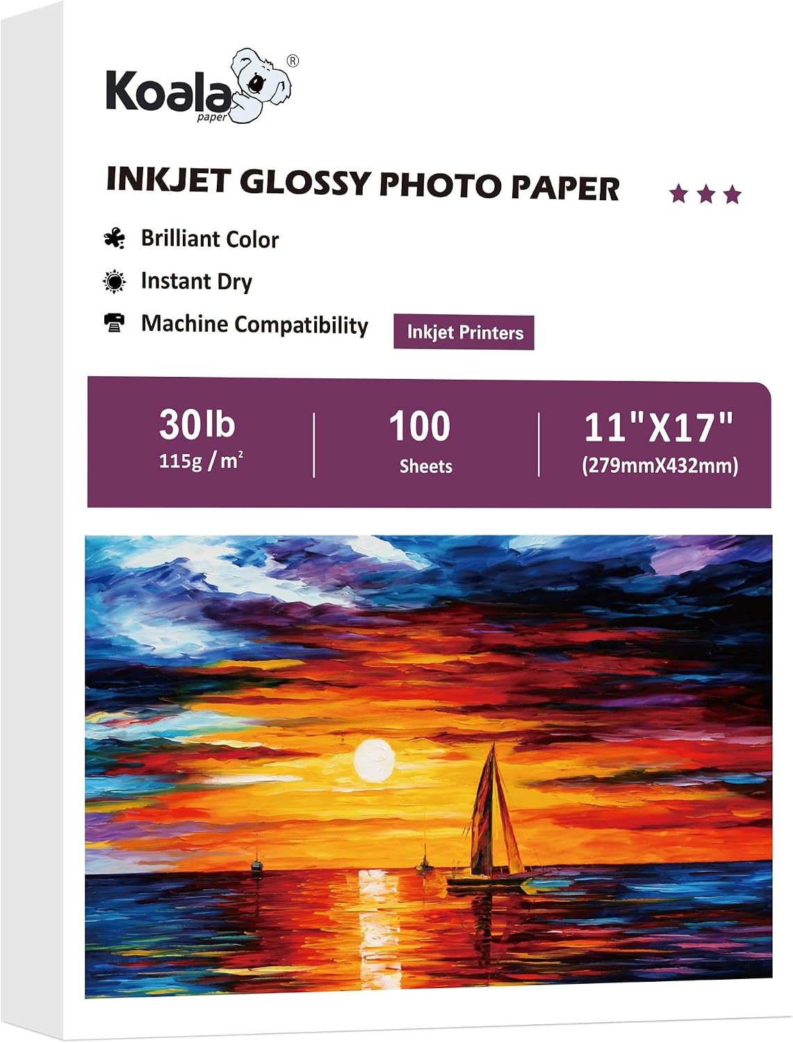 Koala Glossy Thin Inkjet Paper 11x17 Inches 100 Sheets 30LB