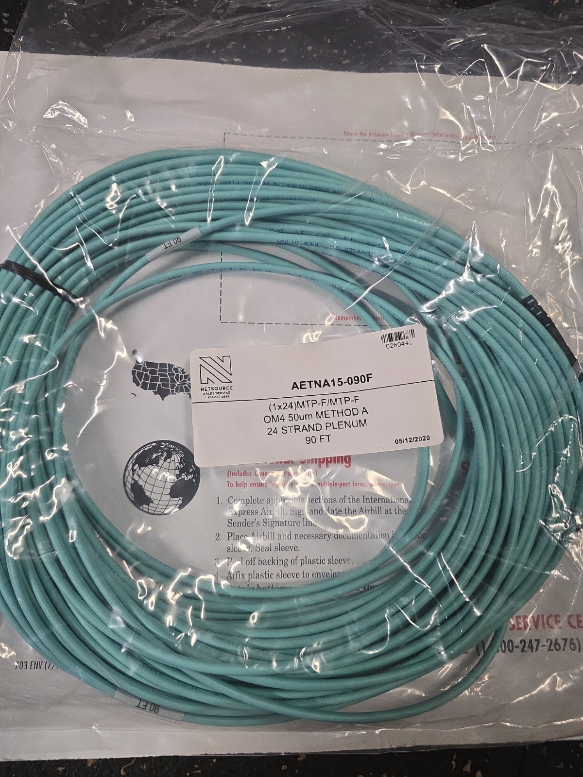 OM4 MTP/MPO 24 Fiber Trunk Cable 90ft Aqua OFNP Plenum Method A 24 Strand
