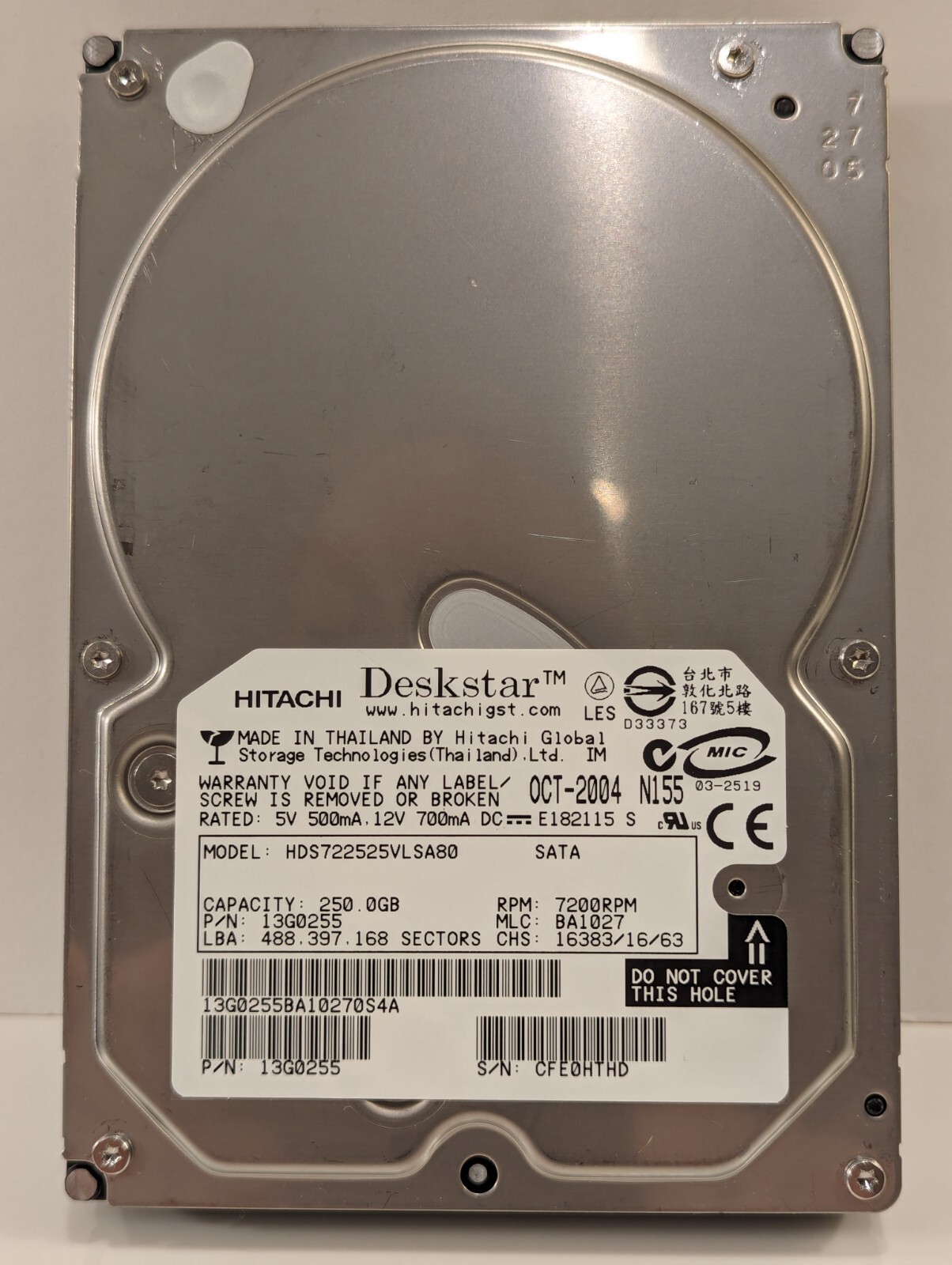 Hitachi Deskstar HDS722525VLSA80 250GB 3.5" 7200RPM SATA HDD light use