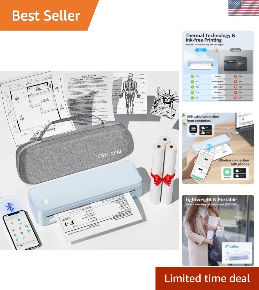 Compact Inkless Travel Printer with Carry Case & Thermal Paper - Print Anywhere