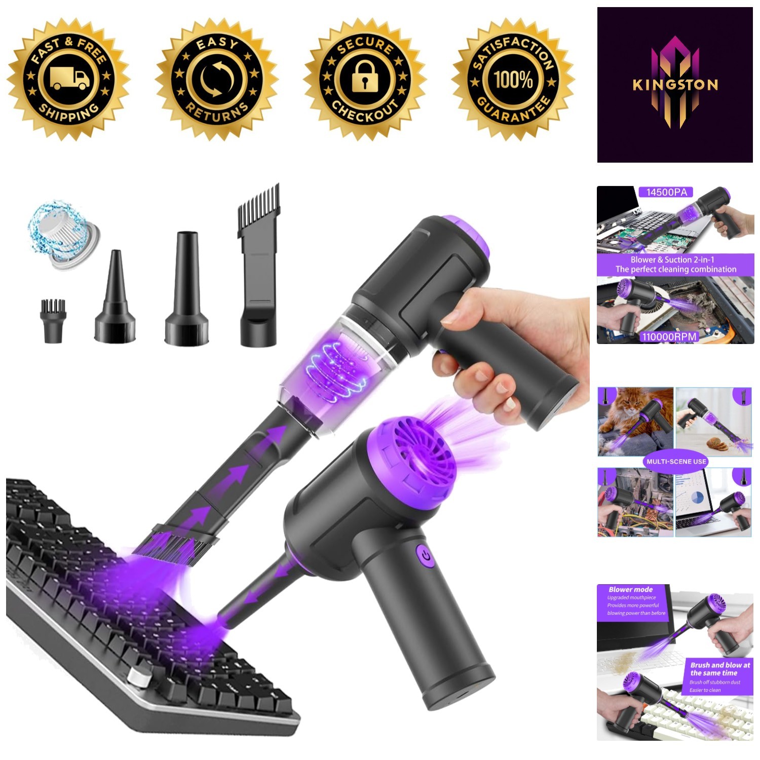 14500 Pa Mini Computer Vacuum with HEPA Filter & 3-in-1 Air Duster - Cordless