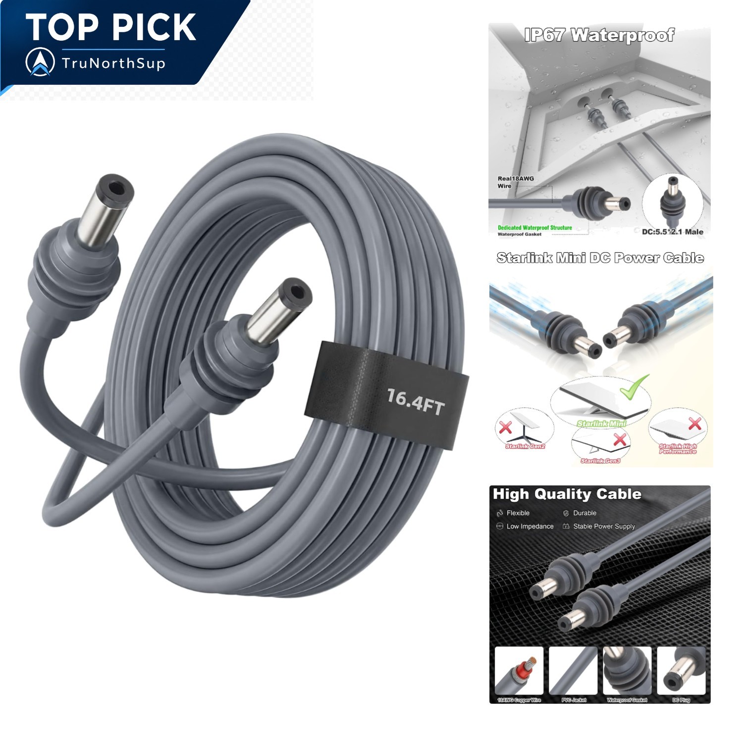 Starlink Mini Cable 16.4FT Waterproof DC Power Cord for Satellite Internet