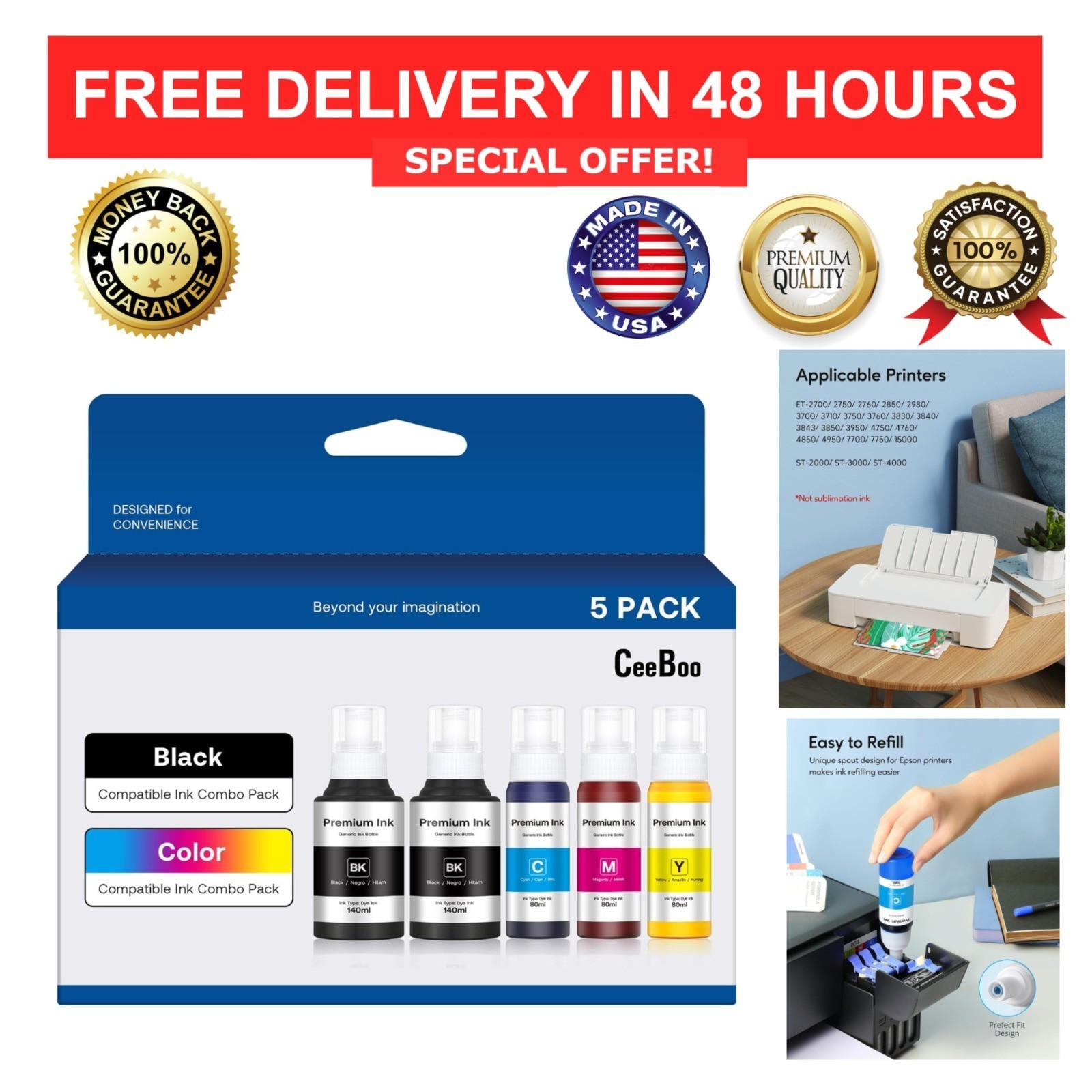 Epson 502 Compatible Ink Refill Bottles 5-Pack Black Cyan Magenta Yellow