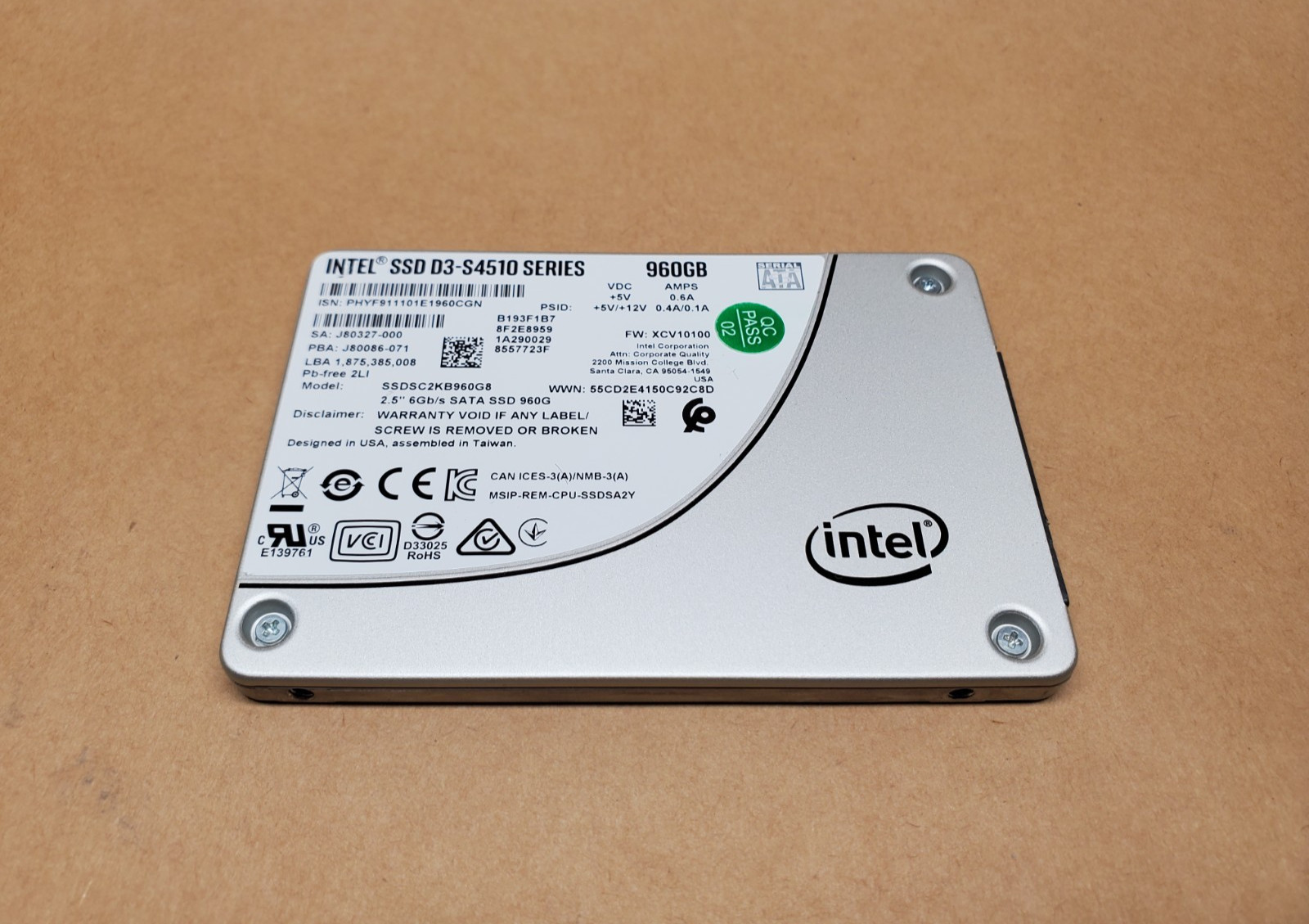 960GB Intel SSD D3-S4510 Series SSDSC2KB960G8 2.5" SATA | Tested