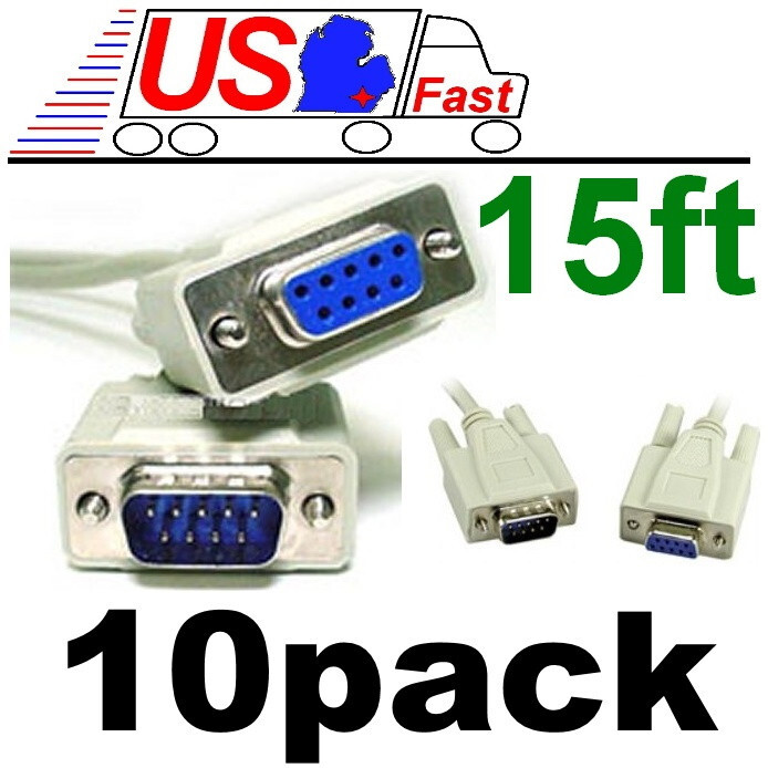 Lot10 15ft DB9pin Male-Female Extension Serial RS232 Straight Through Cable/Cord