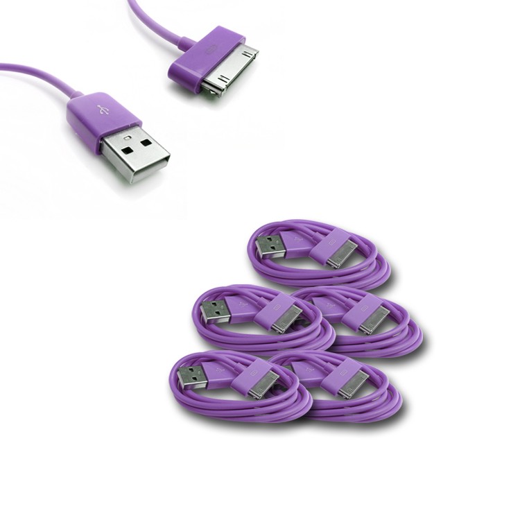 5X 10FT 30-PIN USB SYNC POWER CHARGER PURPLE CABLE CONNECTOR IPHONE 4S IPOD IPAD