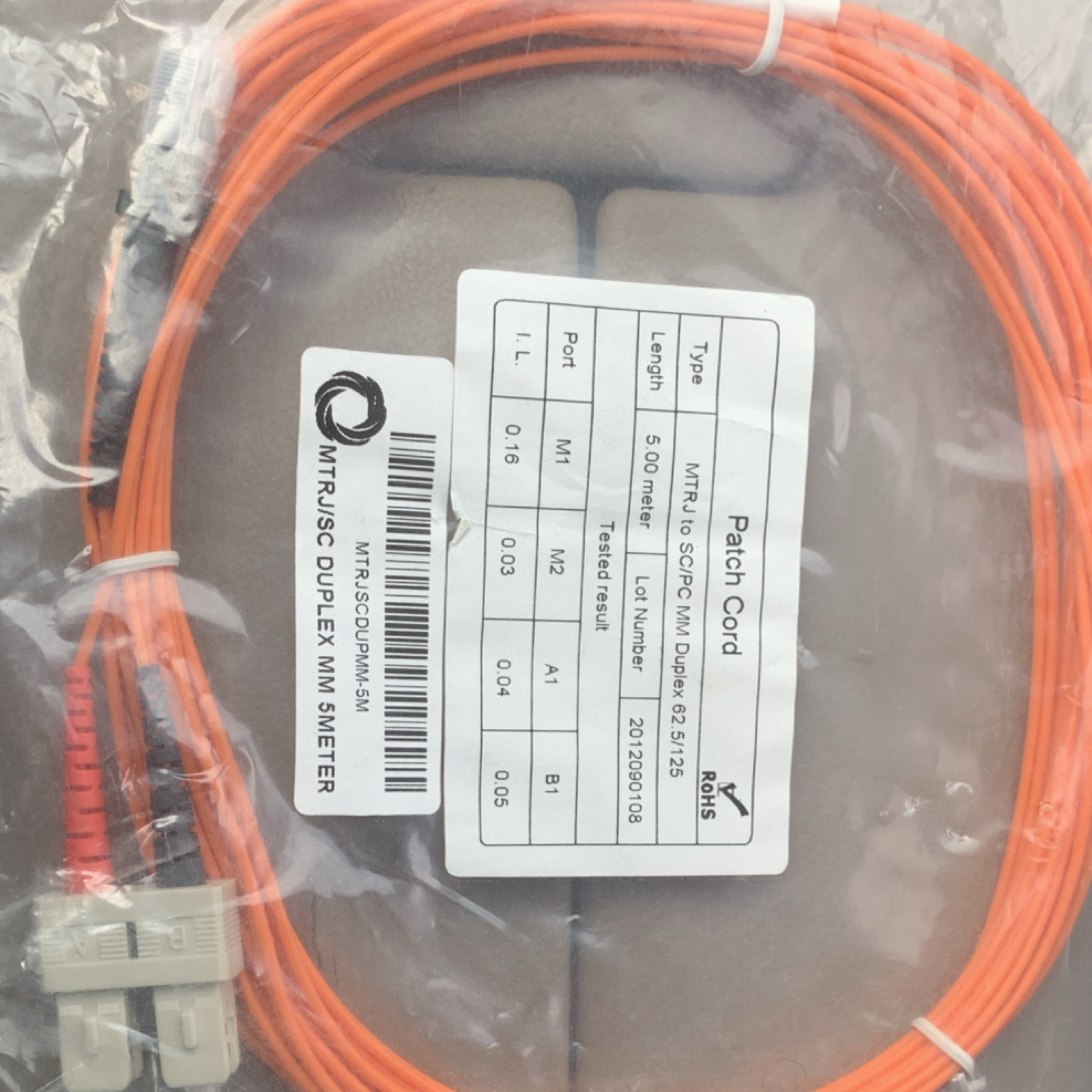 MTRJ to SC Fiber Optic Cable 5M Multimode Duplex 62.5/125 Patch Cord