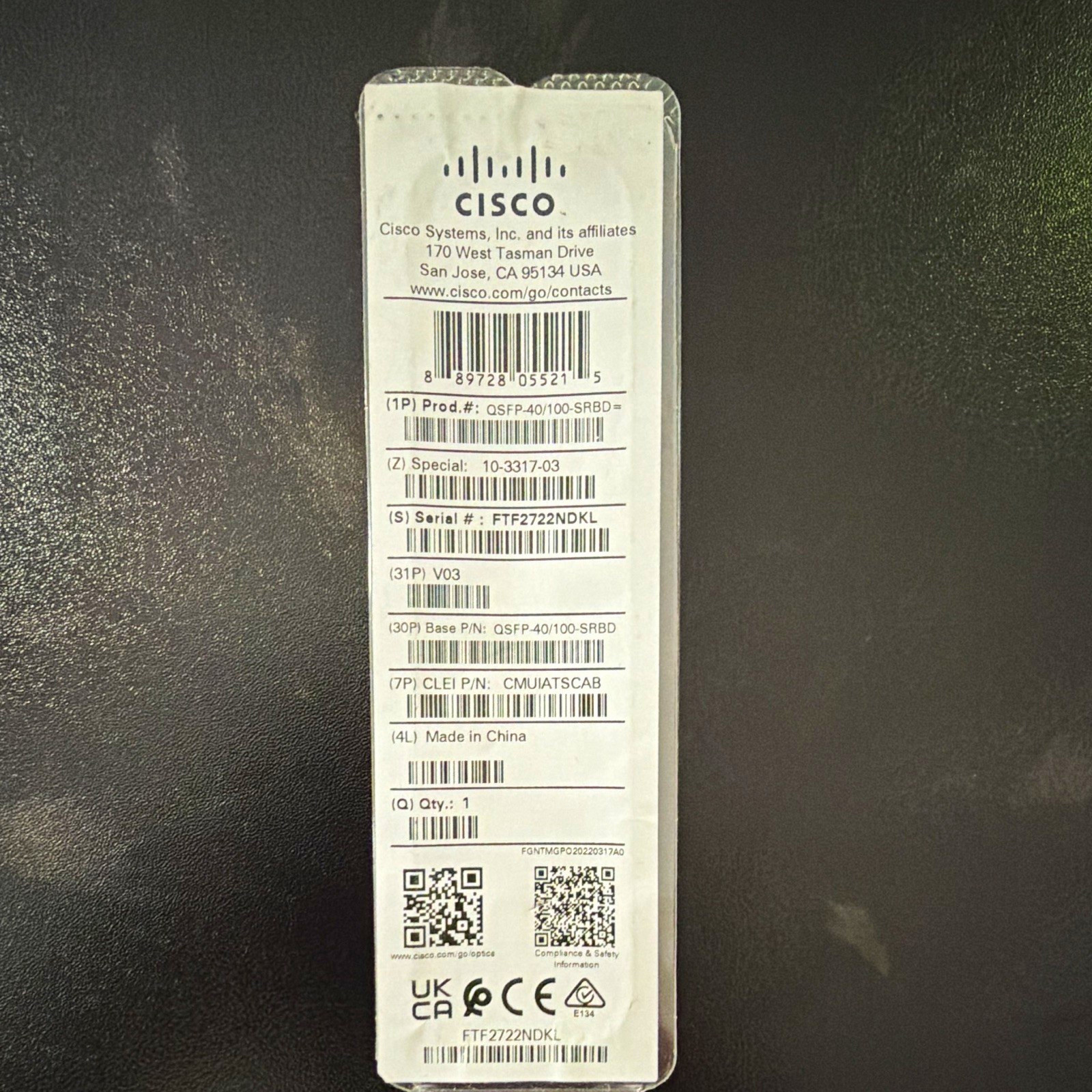 Cisco QSFP-40/100-SRBD 10-3317-03 CMUIATSCAB Network Transceiver Module