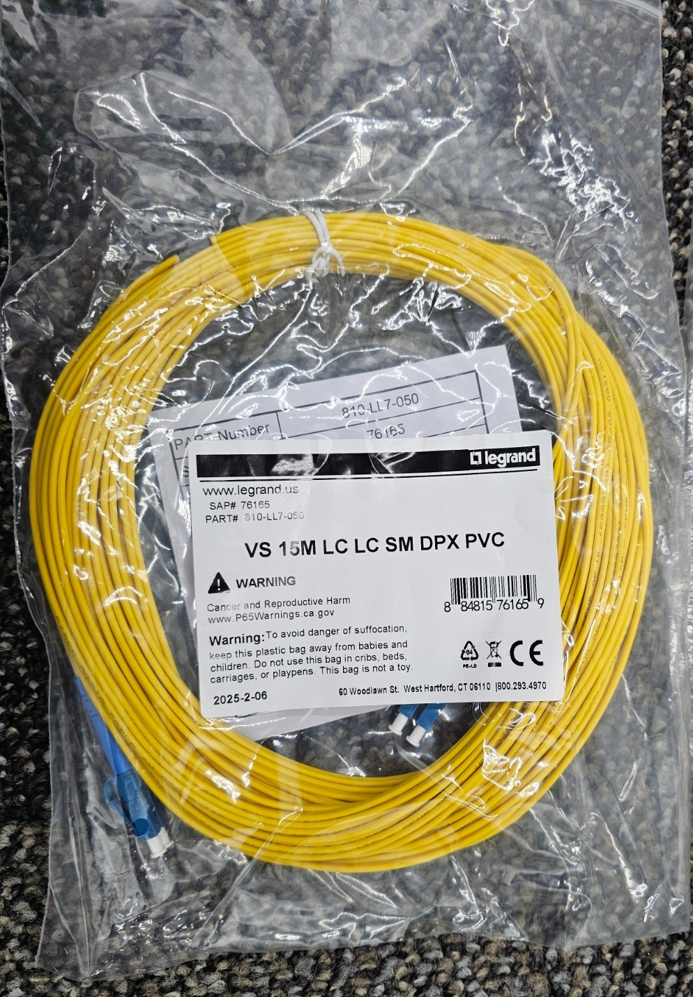 (QTY 10) Legrand 810-LL7-050 Fiber Jumper Cable, 15m Length LC-LC, 9µm Duplex