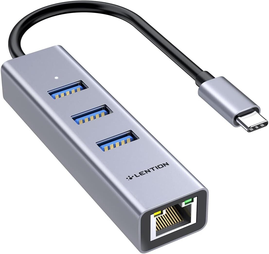 LENTION USB C Hub Ethernet Adapter, 3 USB 3.0 Ports, RJ45 Network Connector for