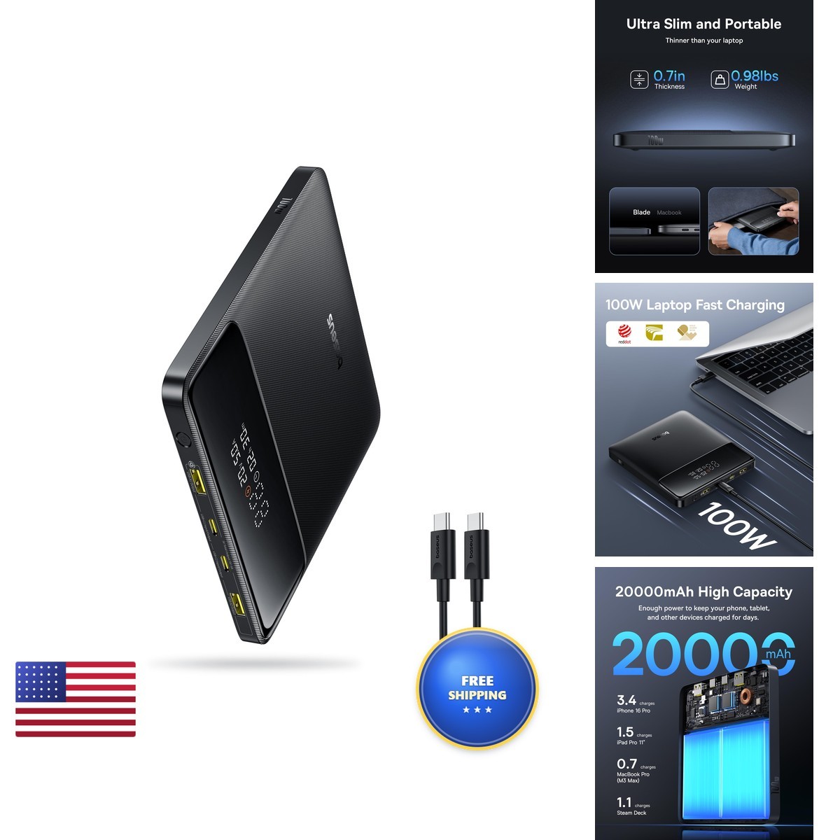 Baseus Blade 100W 20000mAh Power Bank USB-C for Steam Deck MacBook iPhone
