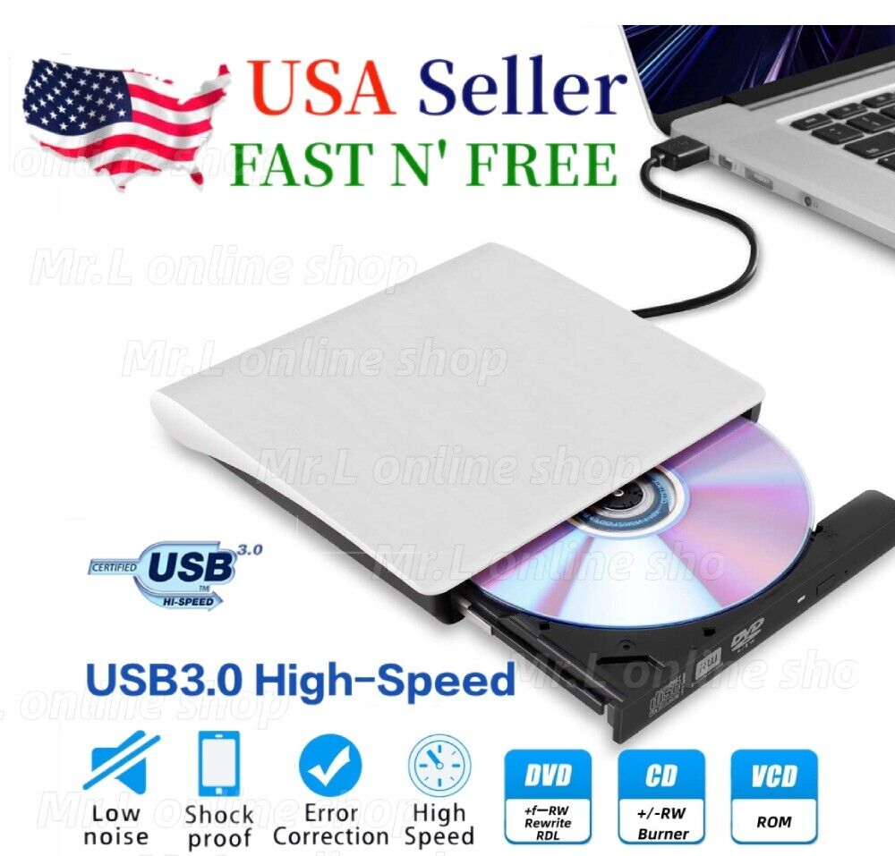 Slim External CD DVD Drive USB 3.0 Disc Player Burner Writer For  Mac Laptop PC