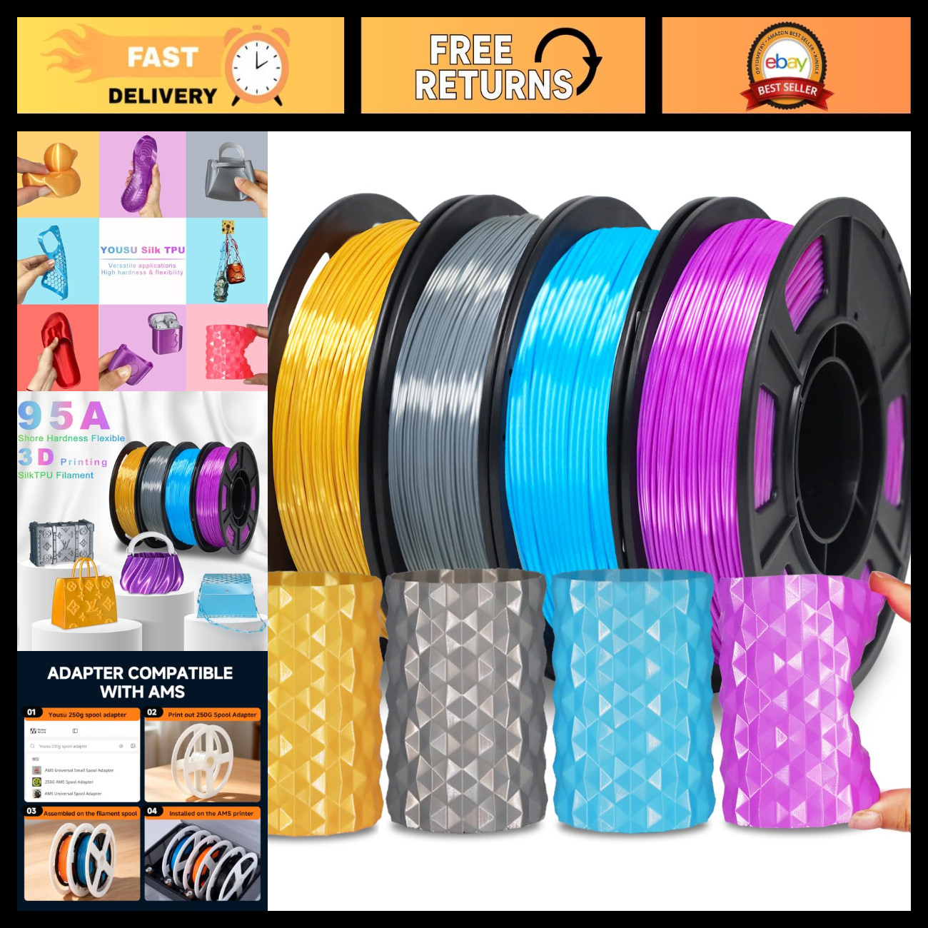 Flexible 3D Printer Filament 1.75mm TPU 95A - Soft, Durable, High Strength Bundl