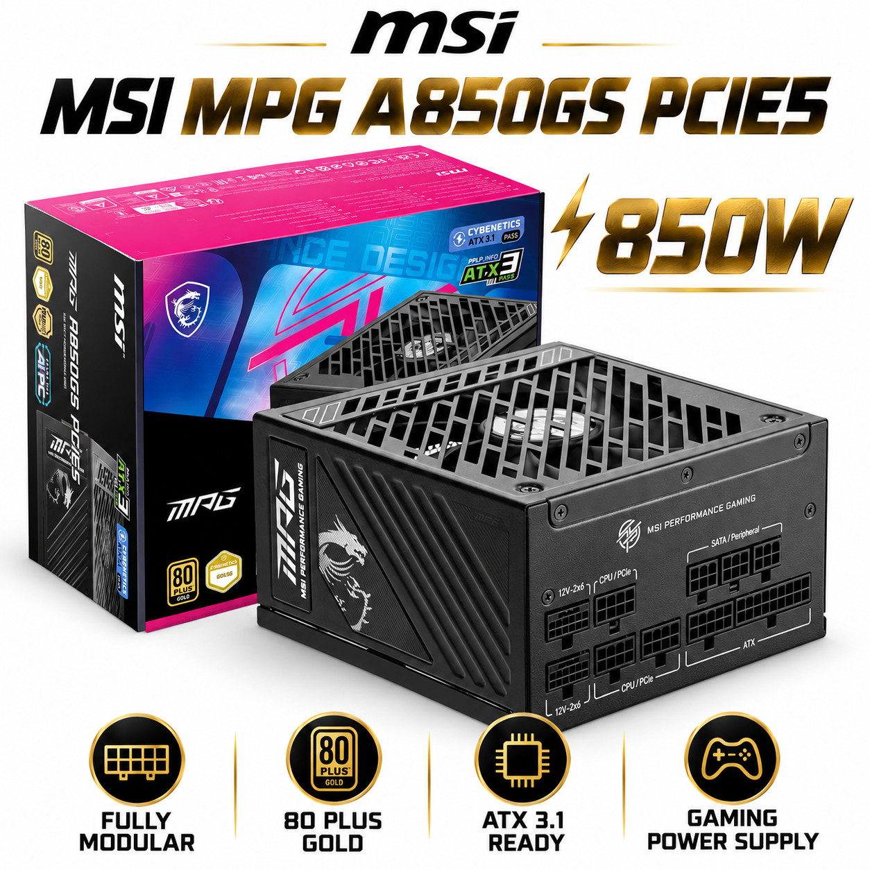 MSI MPG A850GS PCIE5, Fully Modular Gaming 850W Power Supply, 80+ Gold, Dual