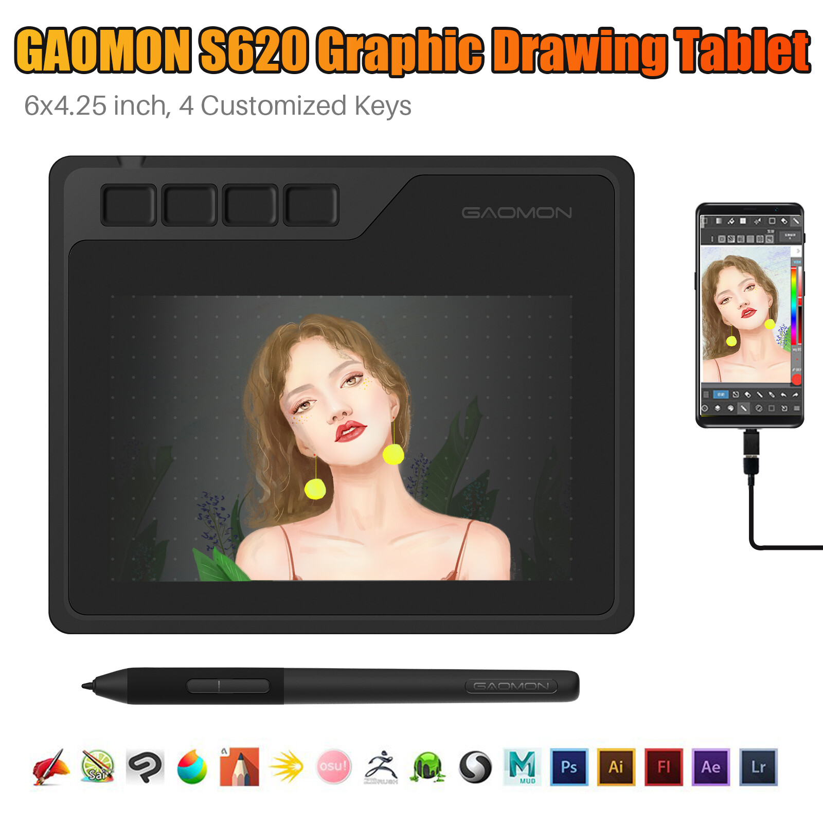 GAOMON S620 Drawing Tablet Art Graphic Battery-Free Pen 4 Express Keys Osu Game