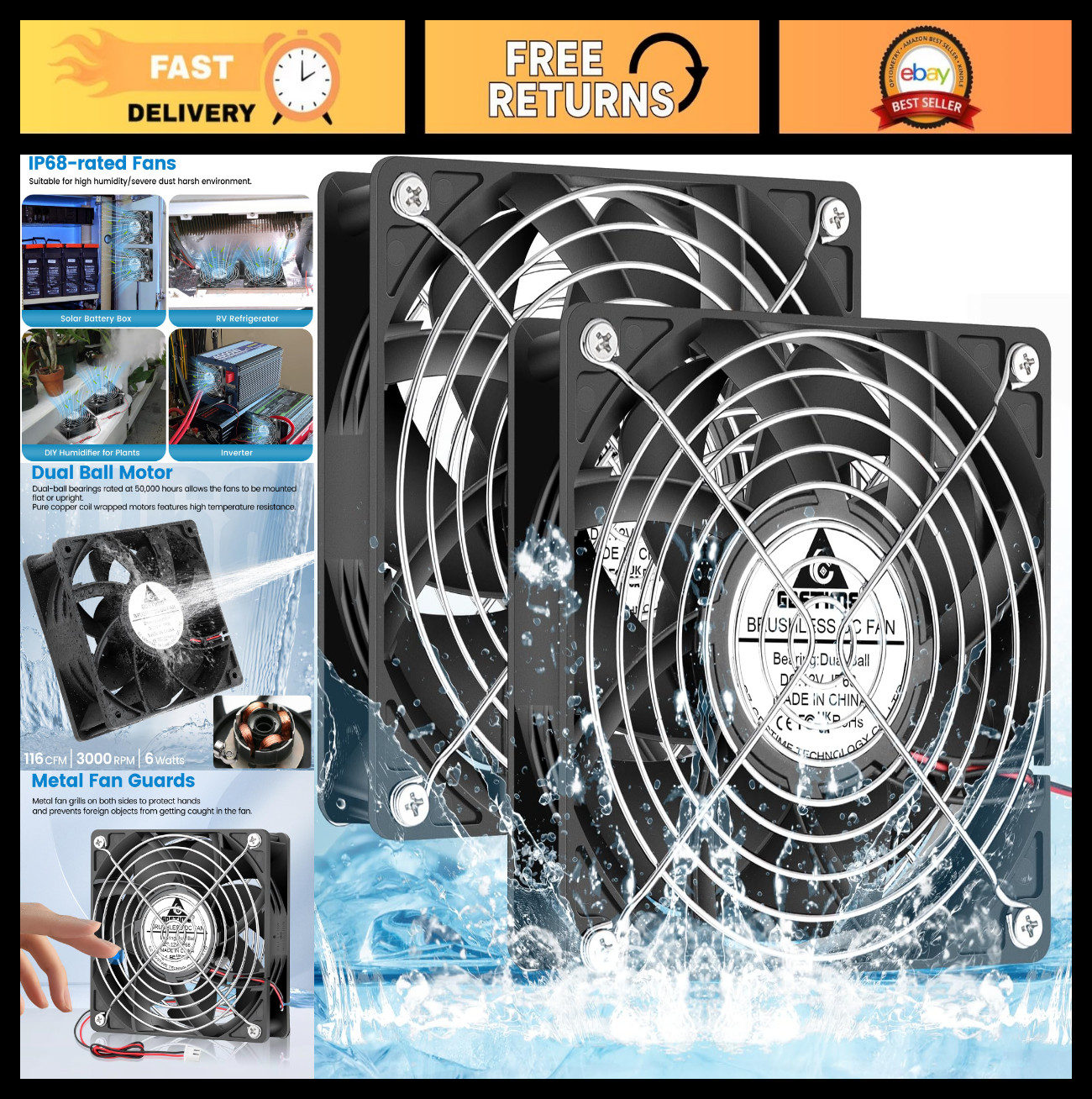120mm Waterproof Cooling Fan 12V DC High Speed Dual Ball Bearing 2-Pin IP68