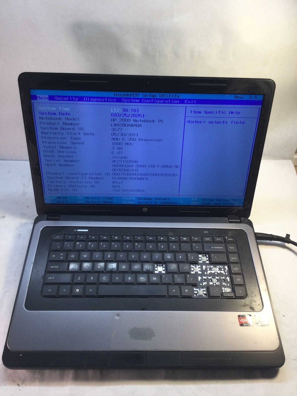 HP 2000 15" Laptop AMD E-350 -BOOTS TO BIOS/MISSING KEYS -MZ