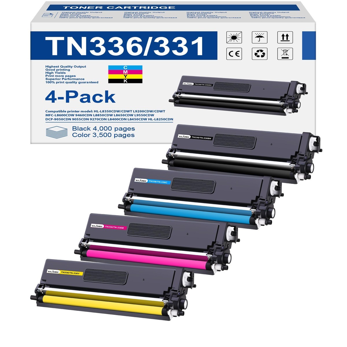 TN336 Compatible Toner Cartridge High Yield for Brother HL-L8350CDW 4 Pack