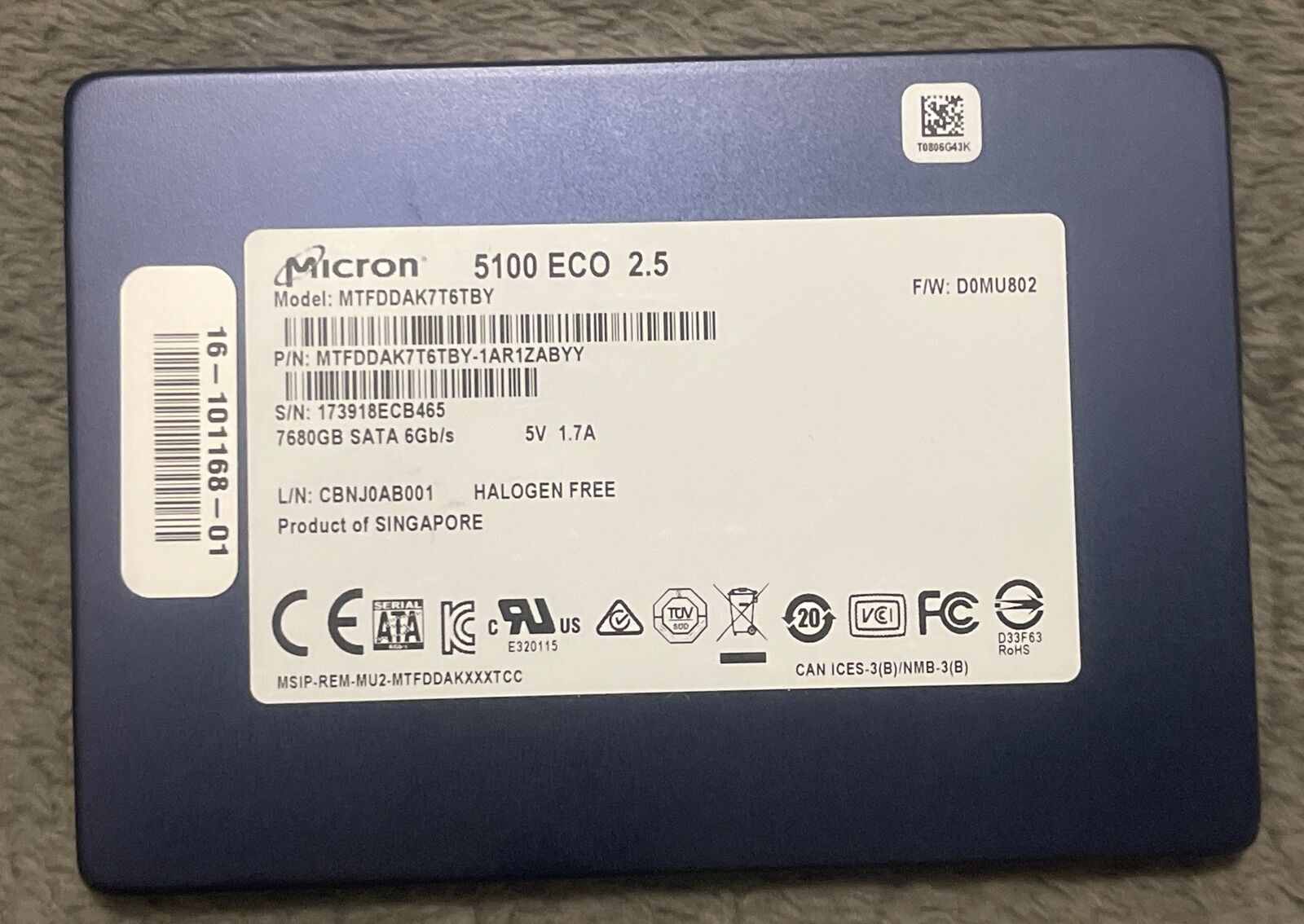Micron 5100 ECO 7.68TB SSD 2.5''  SATA III 6Gb/s MTFDDAK7T6TBY-1AR1ZABYY