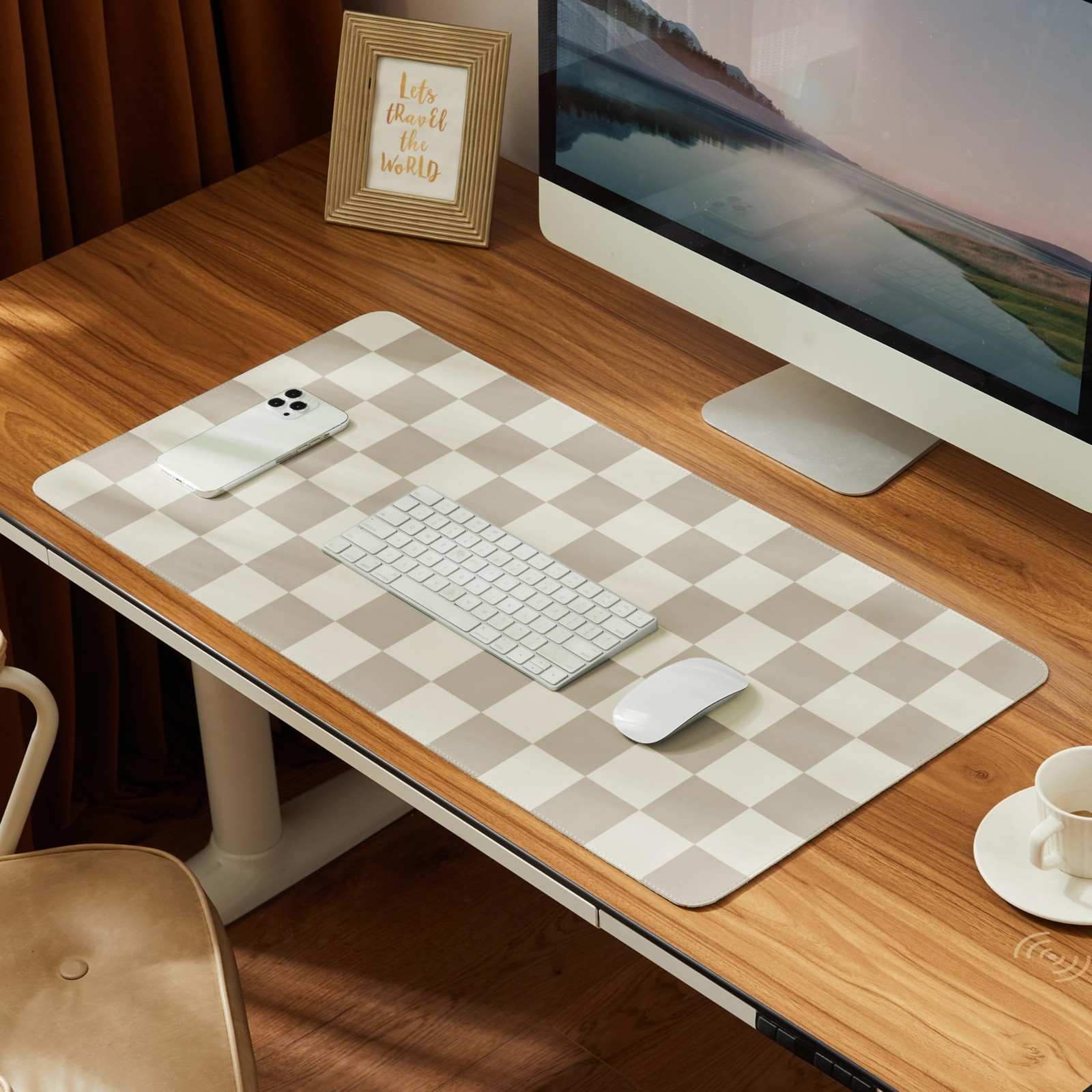 Checkered Desk Mat, 31.5" x 15.7" Large Cute Beige Khaki Aesthetic Retro Acce...