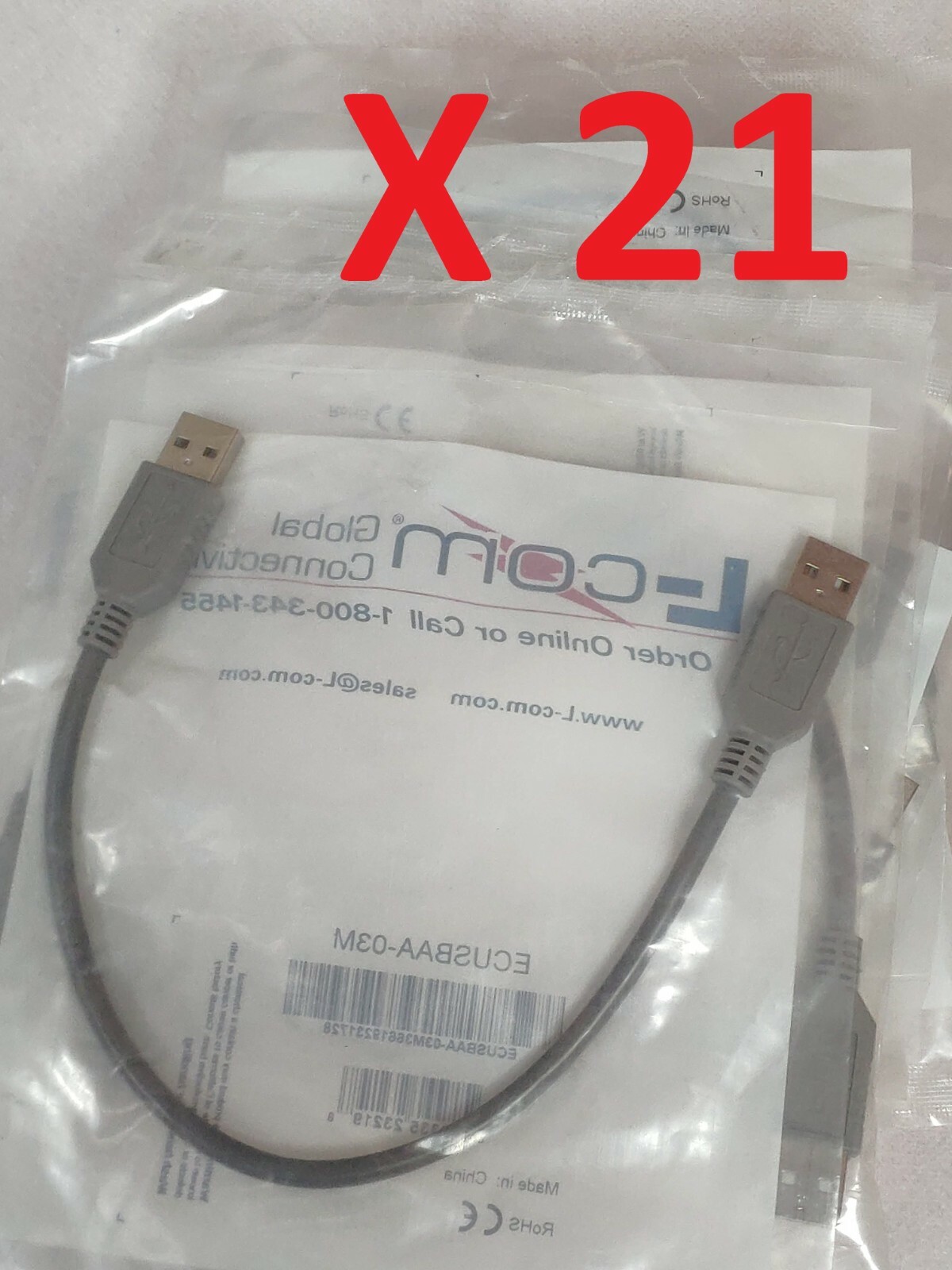 LOT 21Pcs L-COM Deluxe USB Cable Type A - A Cable, 0.3m ECUSBAA-03M A TO A CABLE