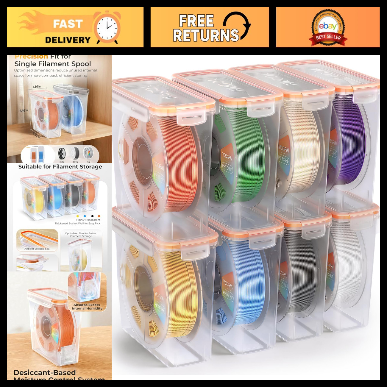 Airtight 3D Printer Filament Storage Box - 8 Pack, Precision-Fit, Moisture Contr