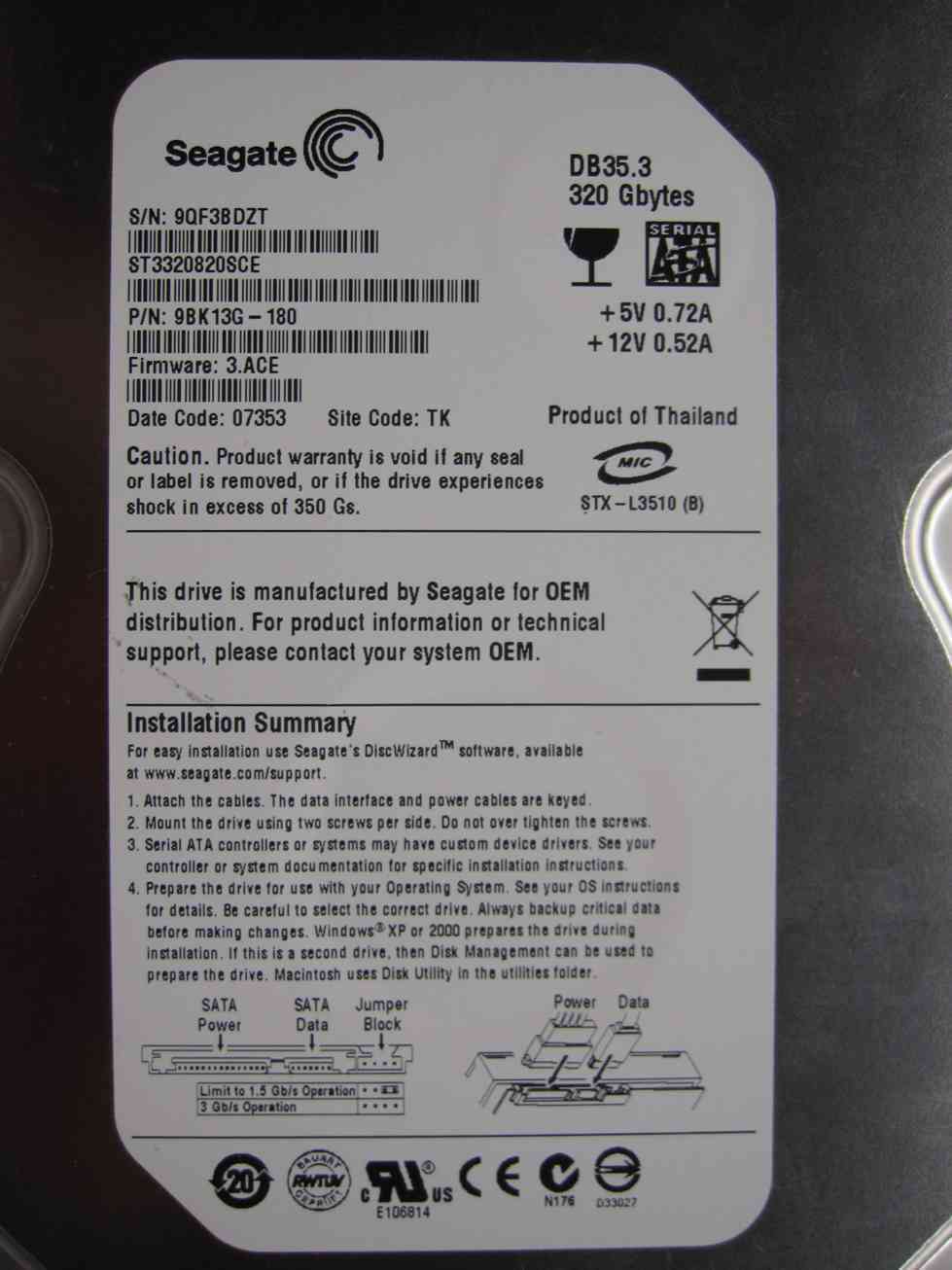 Seagate ST3320820SCE | P/N: 9BK13G-180 | FW: 3.ACE | TK | 320GB